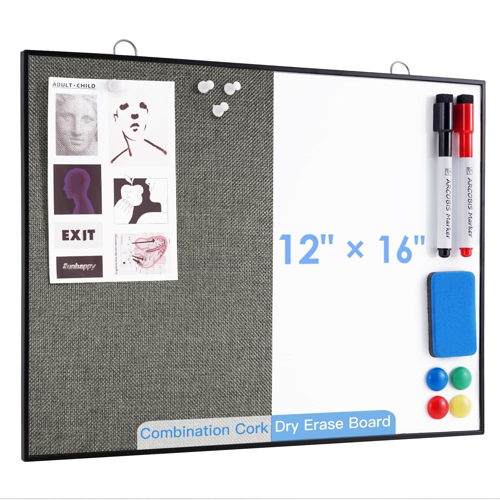 Afoxsos 12 x 16 Inch Double Sided Magnetic Dry Erase Linen Cork Board Combo with Black Metal Frame Includes 2 Markers 1 Eraser 4 Thumb Tacks 1 Piece