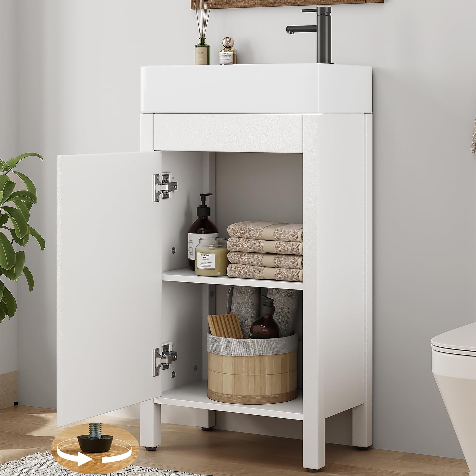 DEXSO 16 Inch Freestanding Bathroom Vanity with Sink Soft Closing Door Adjustable Shelf White Finish Farmhouse Cabinet