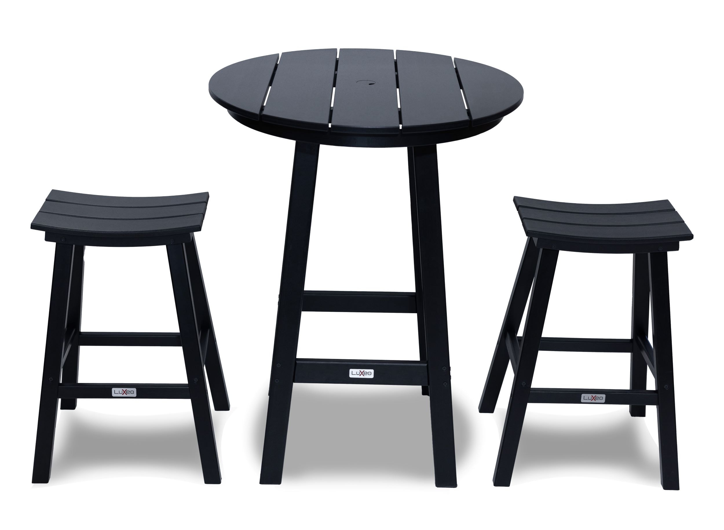 LuXeo 1660-BLK2-RDT Bailey-Cabo Round Counter, 3-Piece 3 -Piece Black Patio Dining Set Plastic Round Table with 2 Stationary Chairs