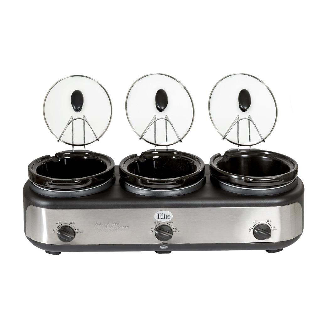 Elite Platinum EWMST-325R Maxi-Matic Triple Slow Cooker Buffet Server  Adjustable Temp Dishwasher-Safe Oval Ceramic Pots, Lid Rests, 3 x 2.5 Qt  Capacity, Red