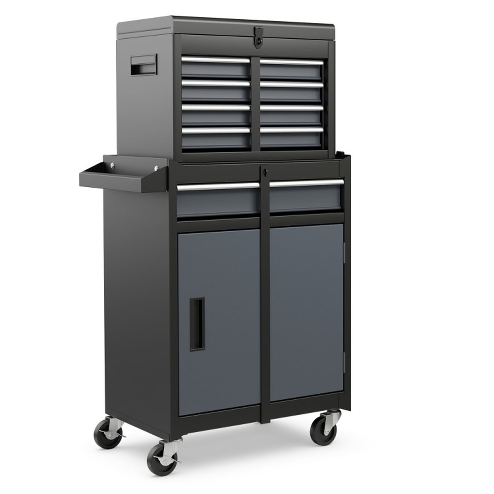 SUGIFT 2-in-1 Rolling Tool Chest and Cabinet with 5 Sliding Lockable Drawers Steel Body 4 Swivel Casters Side Tool Hooks EVA Drawer Liners 11-lb Per-Drawer and 220.5-lb Total Capacity for Garage Workshop and Jobsite Tool Storage in Black and Gray