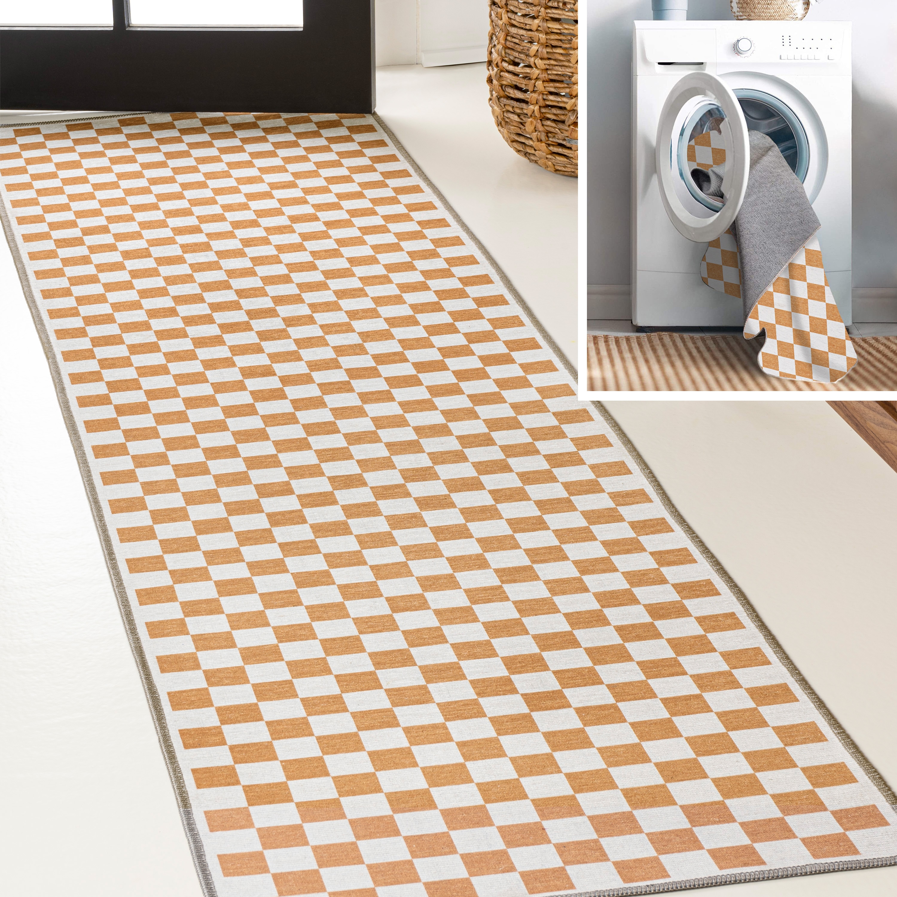 JONATHAN  Y WSH126B-28 WASHABLE Ainsley Cottage Checkerboard 2 x 8 (ft) Loomed Chenille Gold/Cream Rectangular Indoor Geometric Farmhouse/Cottage Machine washable Runner rug