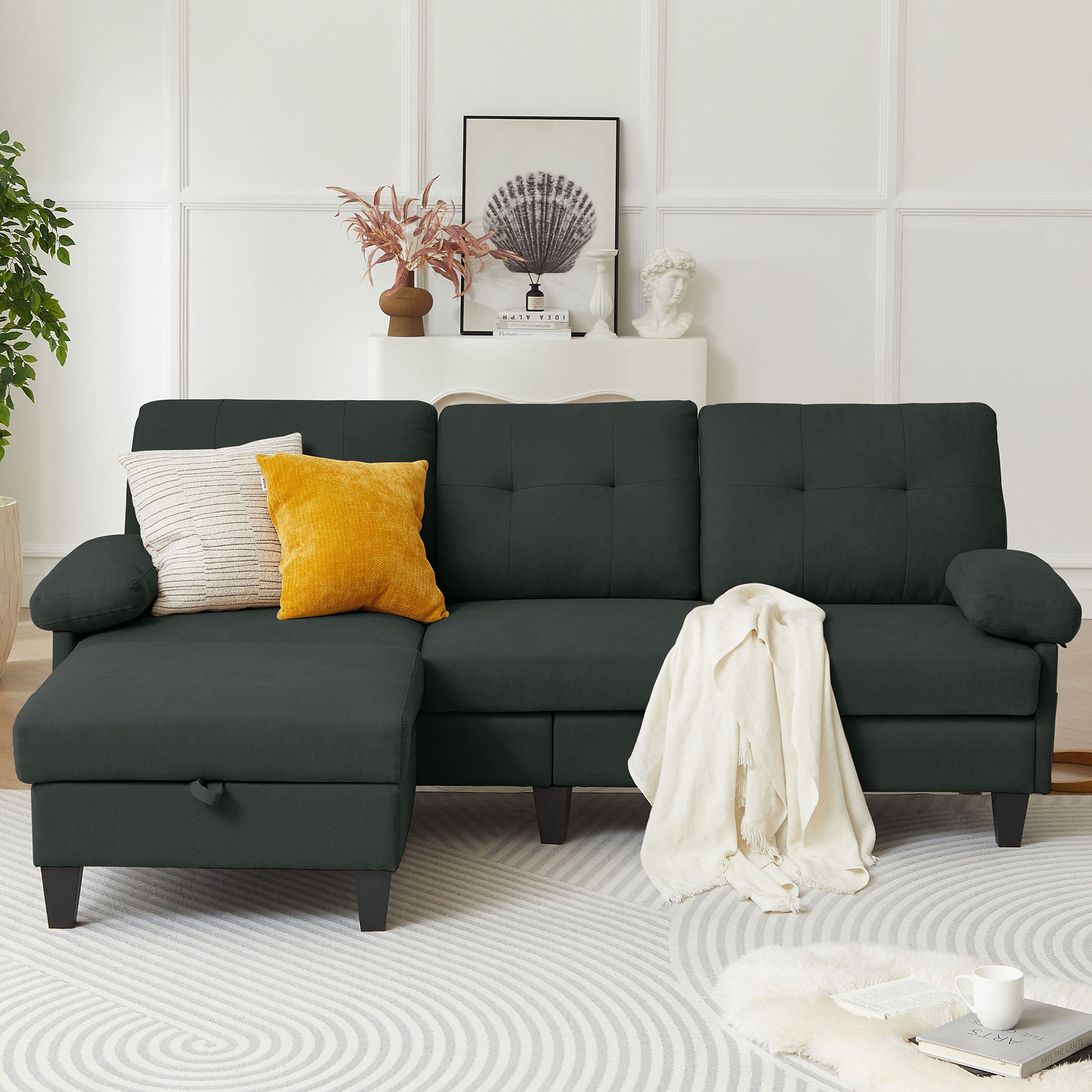 Jarenie YMX75 84.45-in W Modern Black 3-seater Sofa