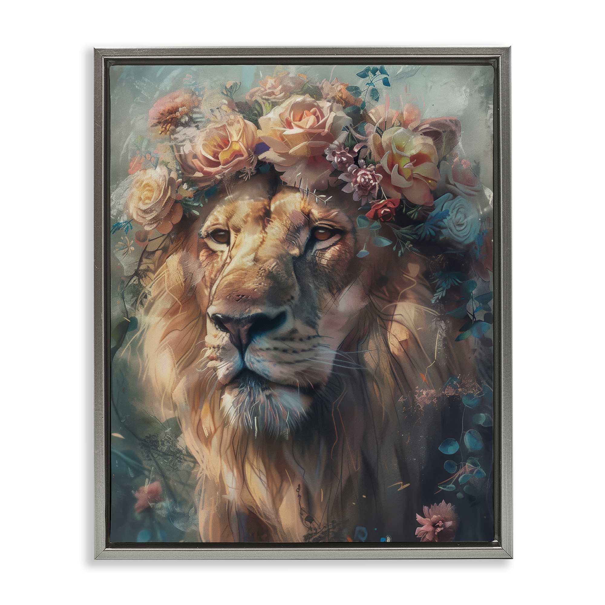 Stupell Industries BT-633-FFL-16X20 Lion with Rose Garland Floating Frame design by Arlington Prints
