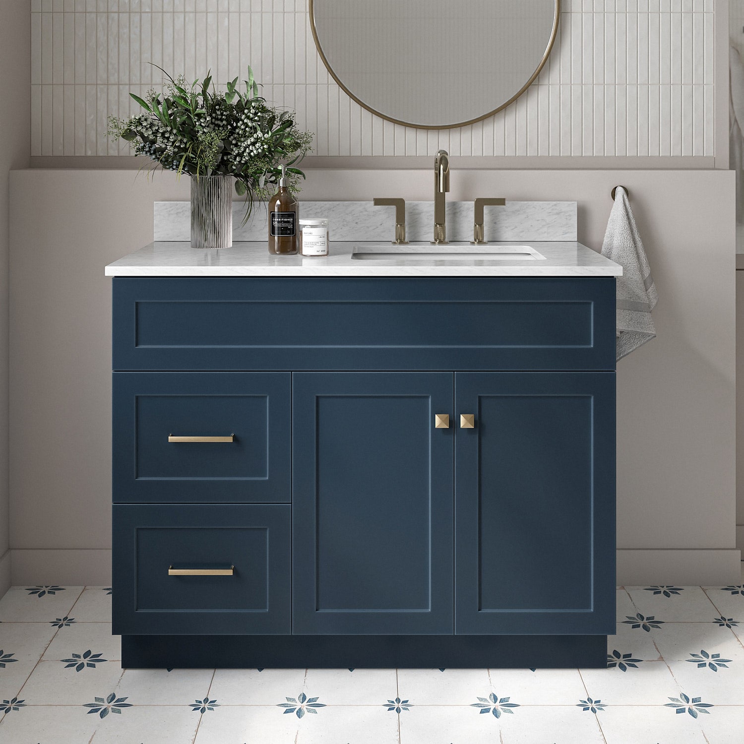 ARIEL F043SRCW2RVOMNB Hamlet 43-in Midnight Blue Undermount Single sink Bathroom Vanity with 0.75" Carrara White Marble Natural marble Top