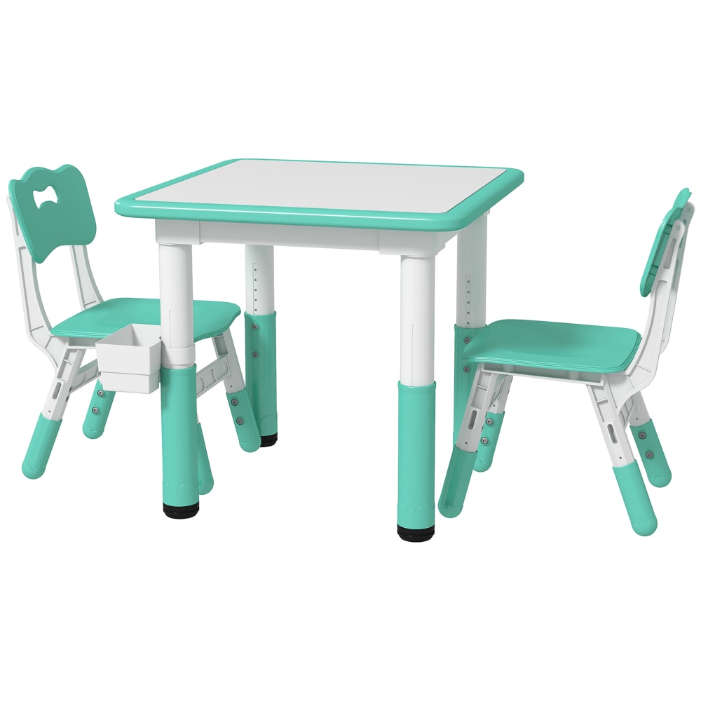 REIBII Kids Wood Table and 2 Chairs Set with Easy Wipe Tabletop Adjustable Height Children Activity Table Toddler Furniture Set with Storage Green