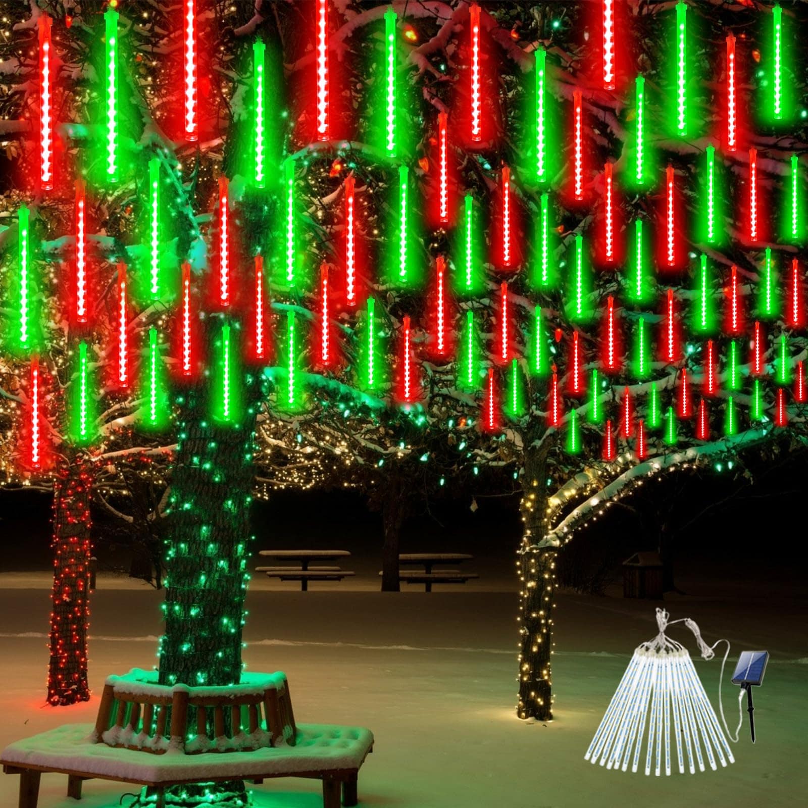 HTQXS  Solar Meteor Shower Lights Outdoor 16 Tubes 384LED Red and Green Waterproof Christmas String Light for Tree Party Garden Decor 1 Set