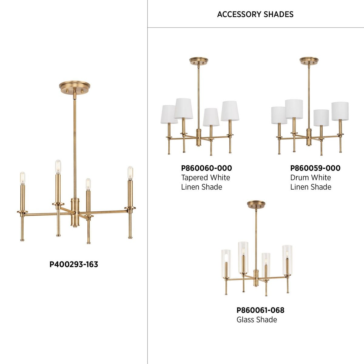 Elara Vintage Brass 4-Light Chandelier with Clear Glass Shades