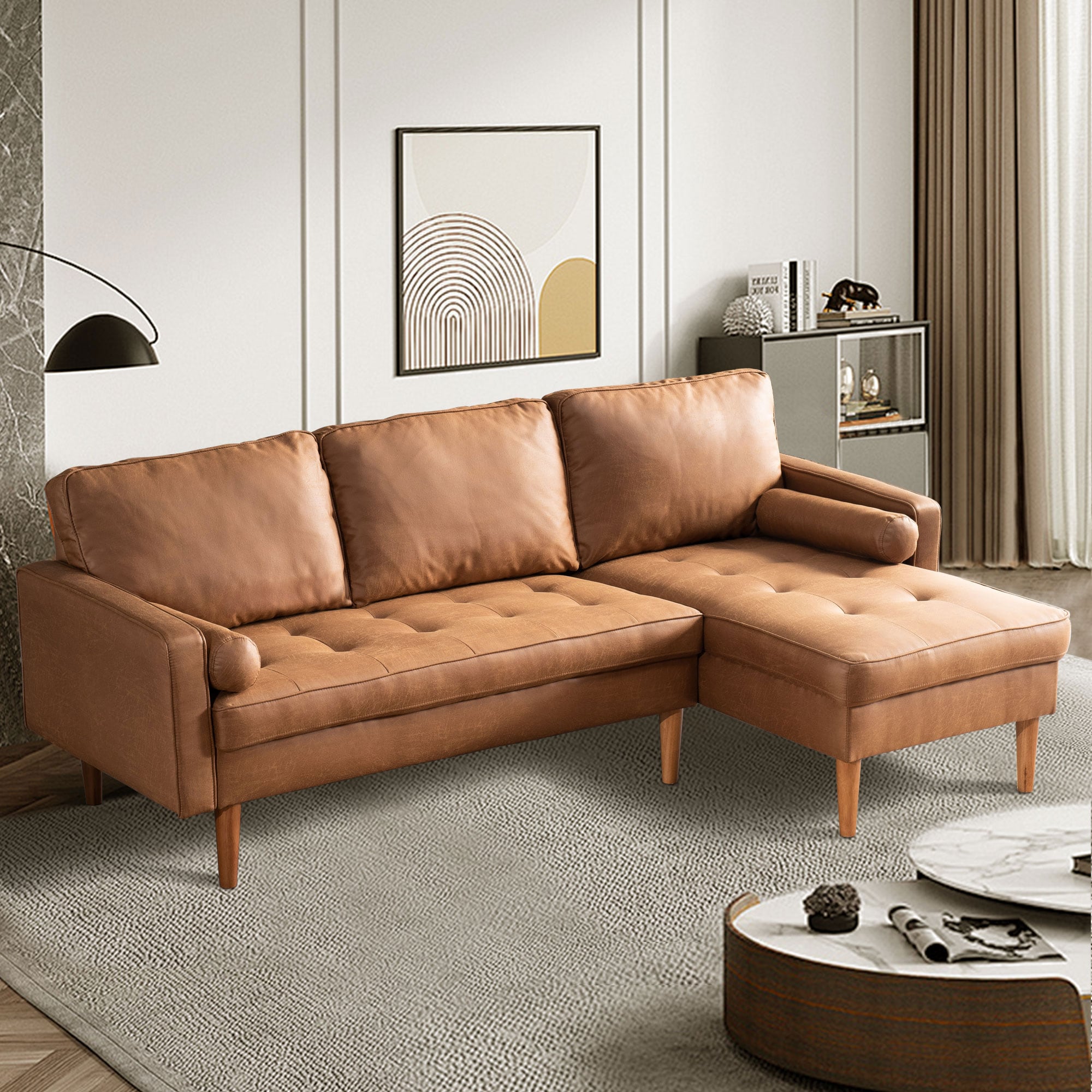 Ovios OGFR200 83.07-Inches Casual Light brown (Right Chaise) Suede Sectional
