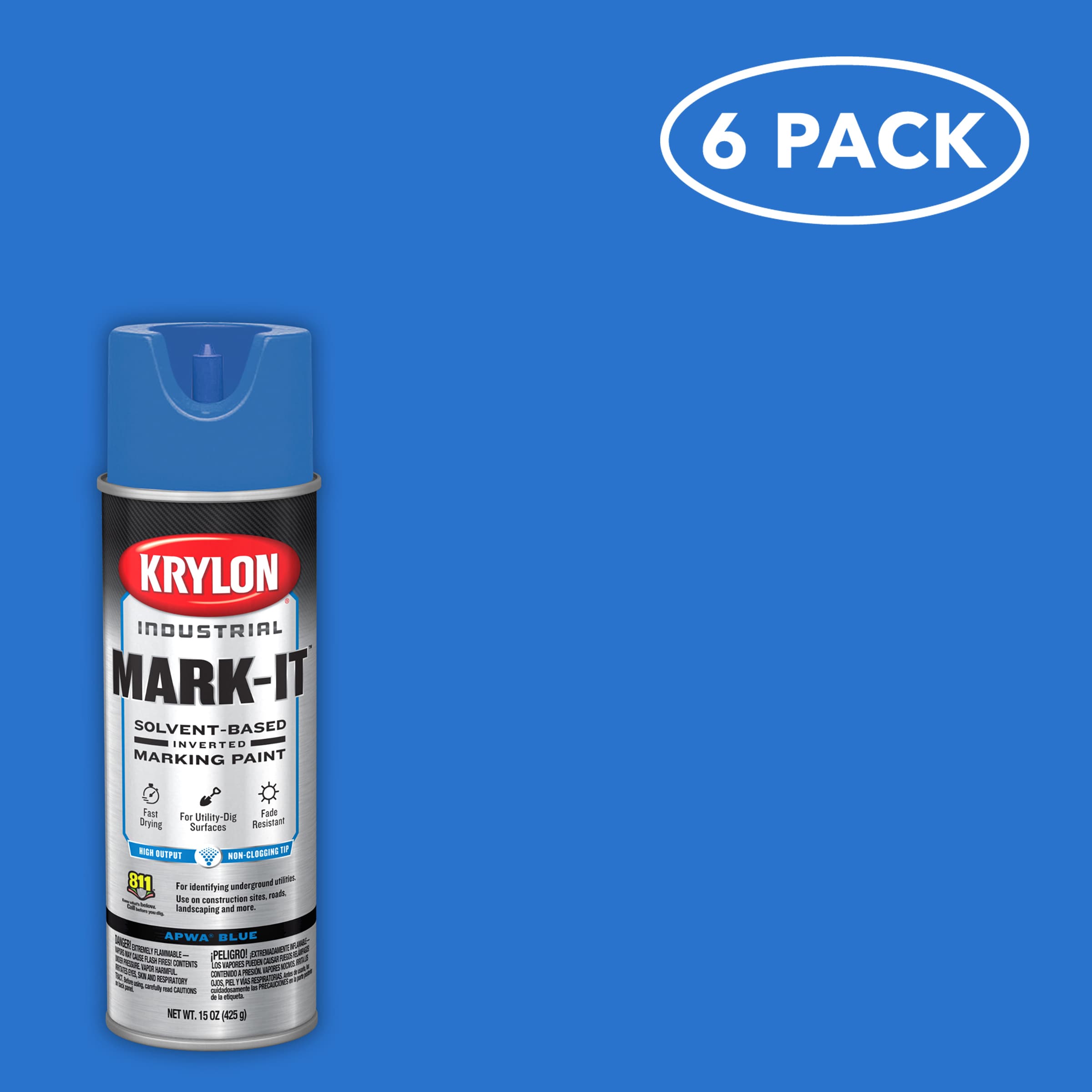 Krylon K00730308SOS Industrial Mark-It 6 -Pack APWA Blue Water-based Marking paint ( Spray can )