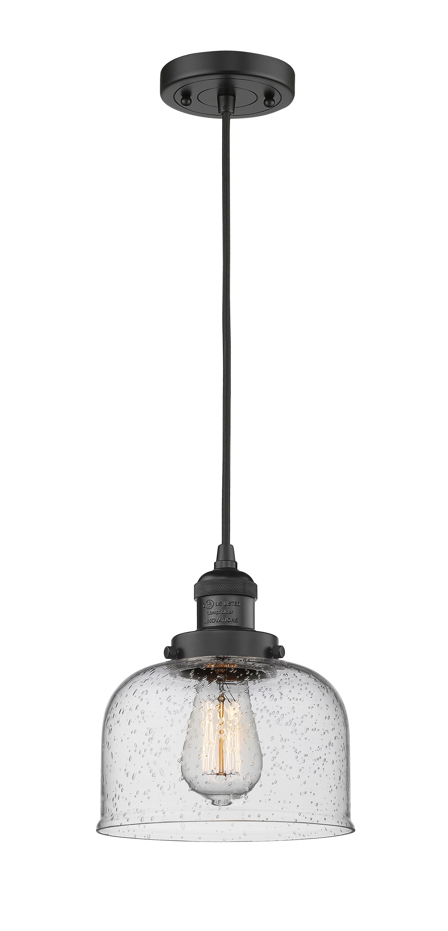 Innovations Lighting 201C-BK-G74 Bell Matte Black Industrial Seeded glass Bell Medium Hanging Pendant light