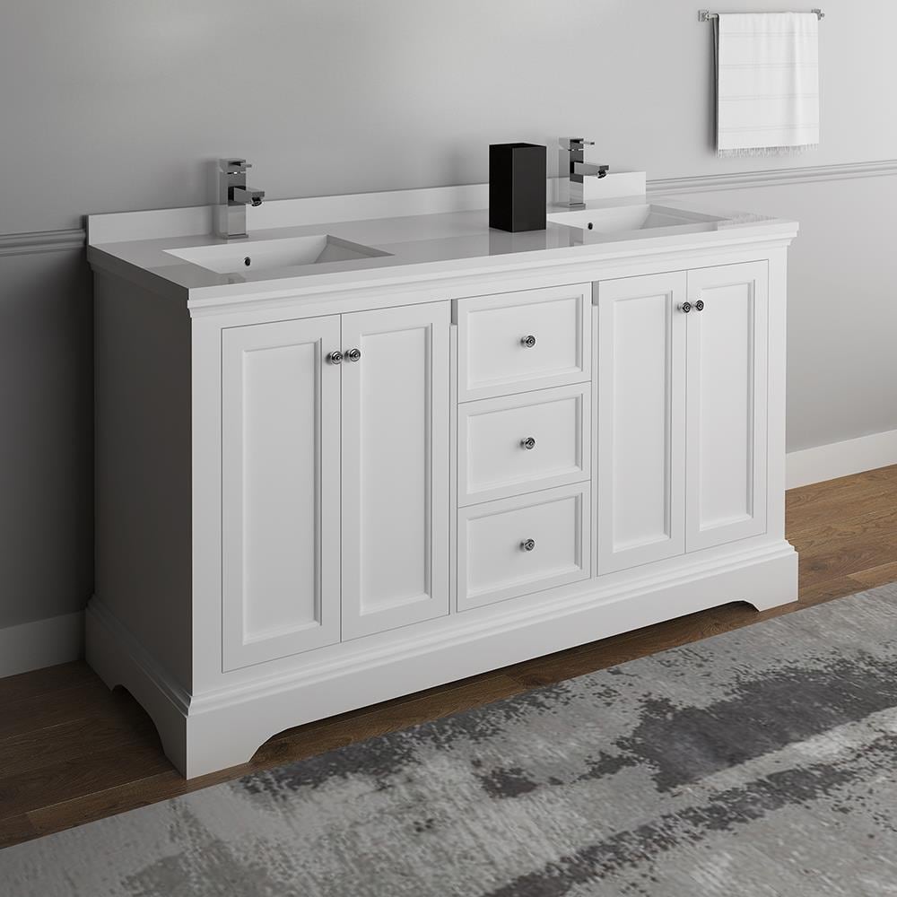 Fresca FCB2460WHM-CWH-U Windsor 60-in Matte White Undermount Double sink Bathroom Vanity with White Quartz Top