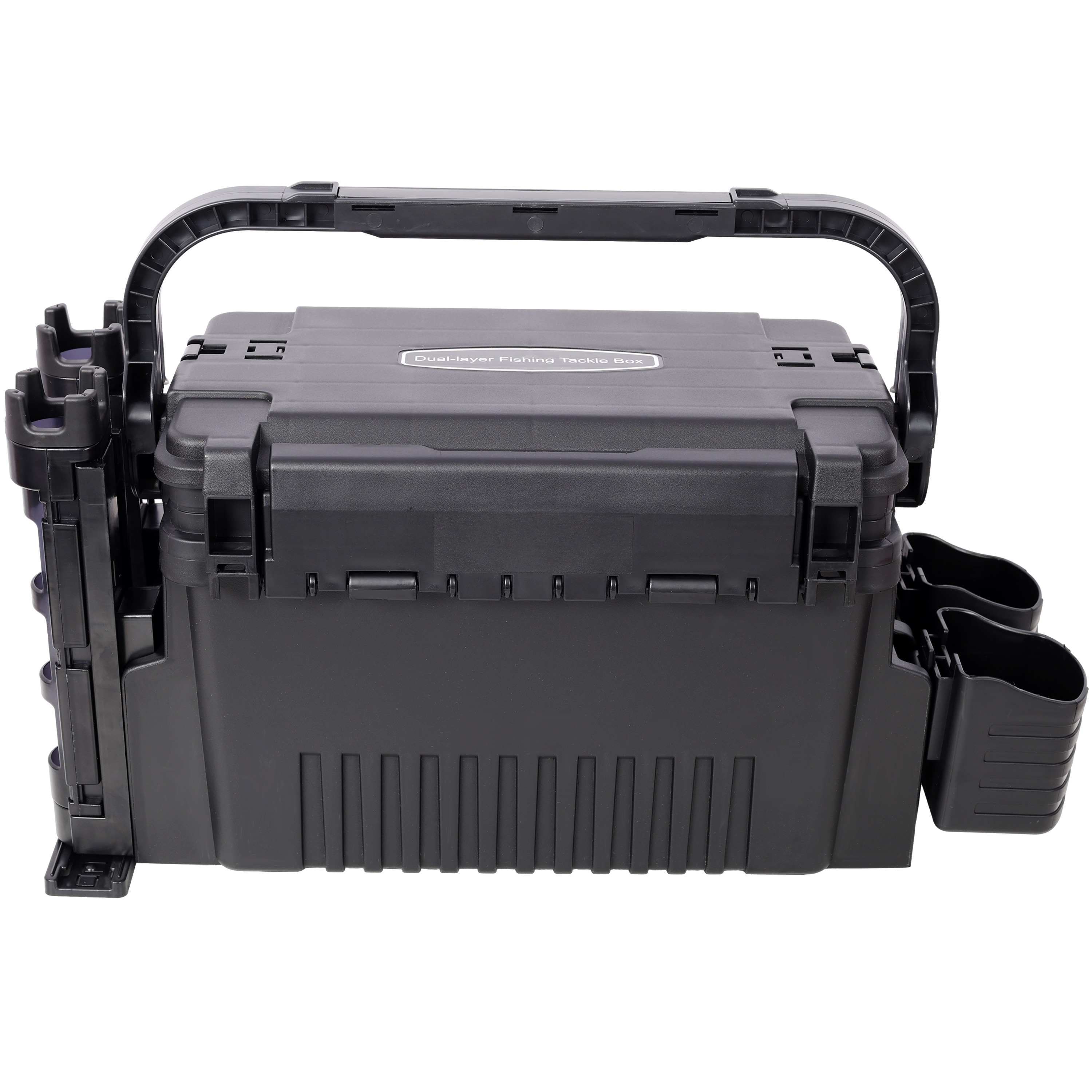 Tatayosi DJ2-5P333593 Dual-layer Fishing Tackle Box;Tackle Box Organizer Fishing Box Large;With 2pcs Rod Holder;2pcs Cup Holder;1pc Carring Strap;Black