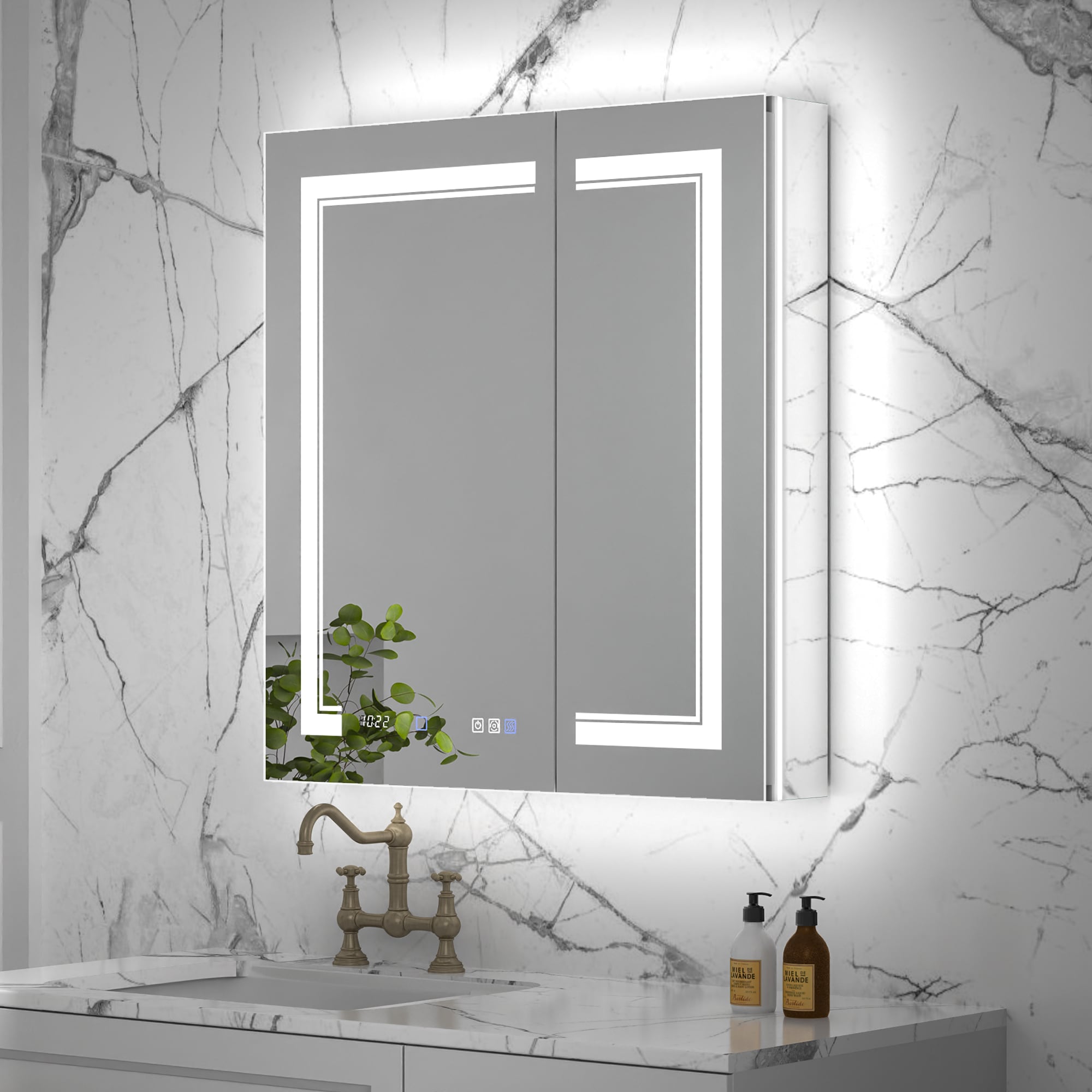 ExBrite MC3032V10DX Vilara 30-in x 32-in Lighted LED Fog Free Surface/Recessed Mount Silver Mirrored Rectangle Soft Close Medicine Cabinet with Outlet