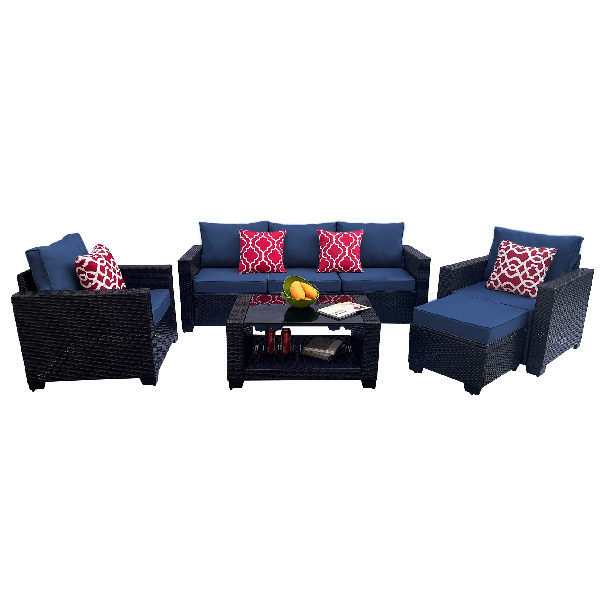 Laila 7-Piece Wicker Patio Conversation Set with Blue Cushions | - AHIOU HOME ZAAHG-S00045SF