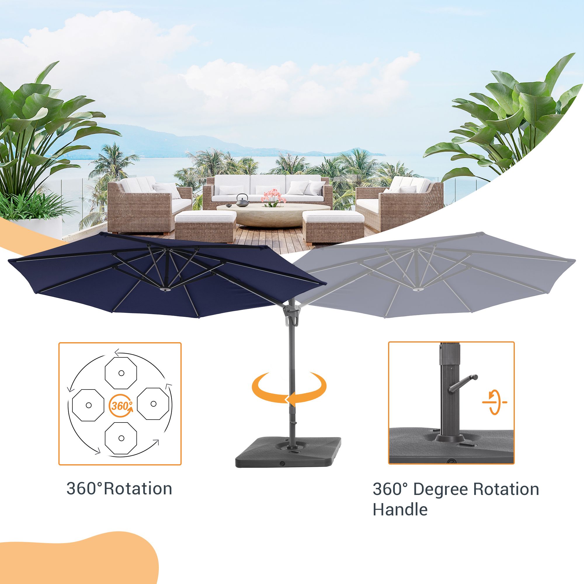 Sonkuki 11-ft Aluminum Blue No-tilt Cantilever Patio Umbrella With Base ...