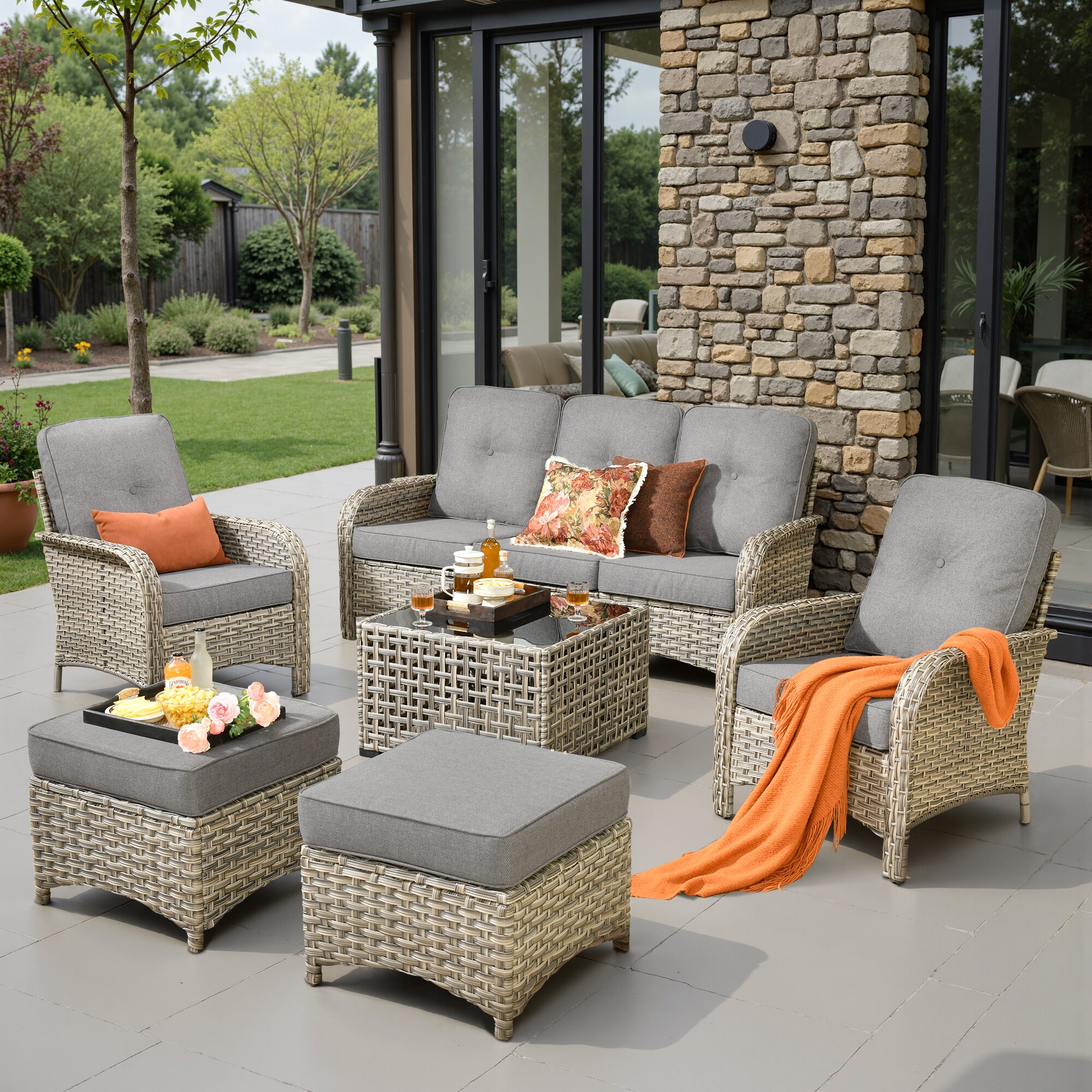 weaxty HMBVNC200S61 Belvoir 6 -Piece Wicker Patio Sofa Conversation Set with Gray Cushions