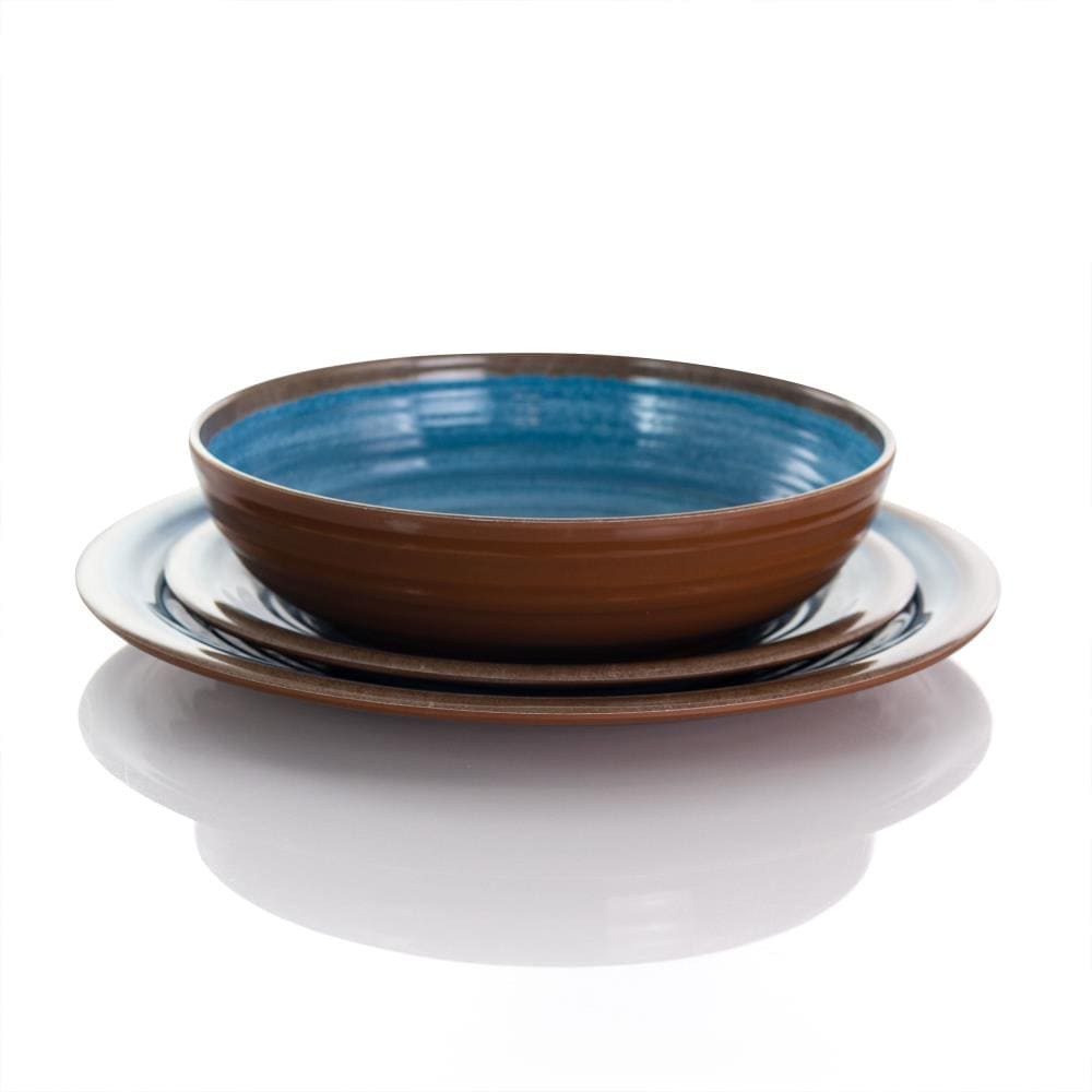 Rippled Tides Blue and Brown Melamine 12-Piece Dinnerware Set