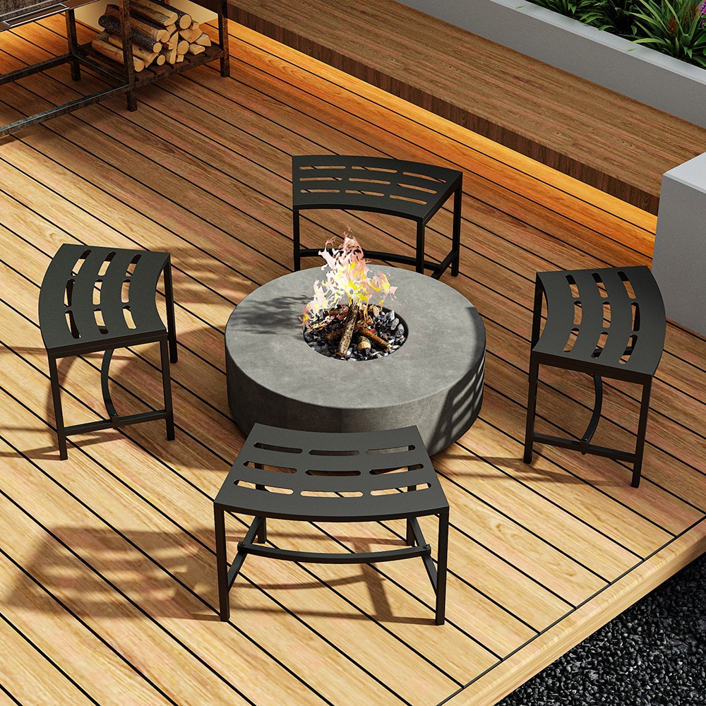Homsee C-KF390082-01 Curved Fire Pit Bench Set of 4 Outdoor Black Iron Backless Chairs with Slatted Seats and Weather Resistant Finish