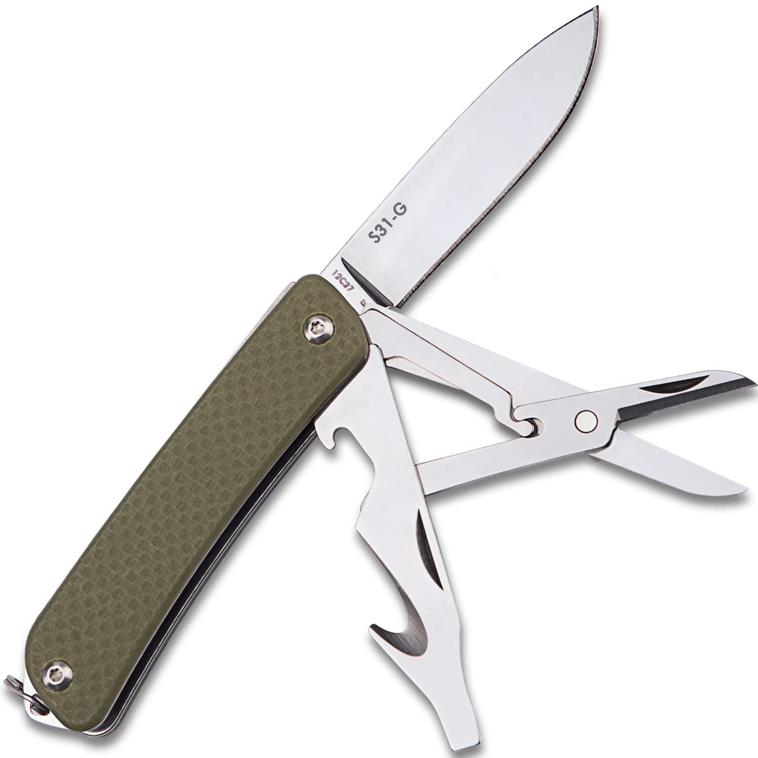 Linder Group Inc Keychain Small Pocket Knife Folding Multitool 6 in 1 Stainless Steel Blade G10 Handle with Scissors Screwdriver Bottle Opener Compact EDC Tool #L3CC3ADX