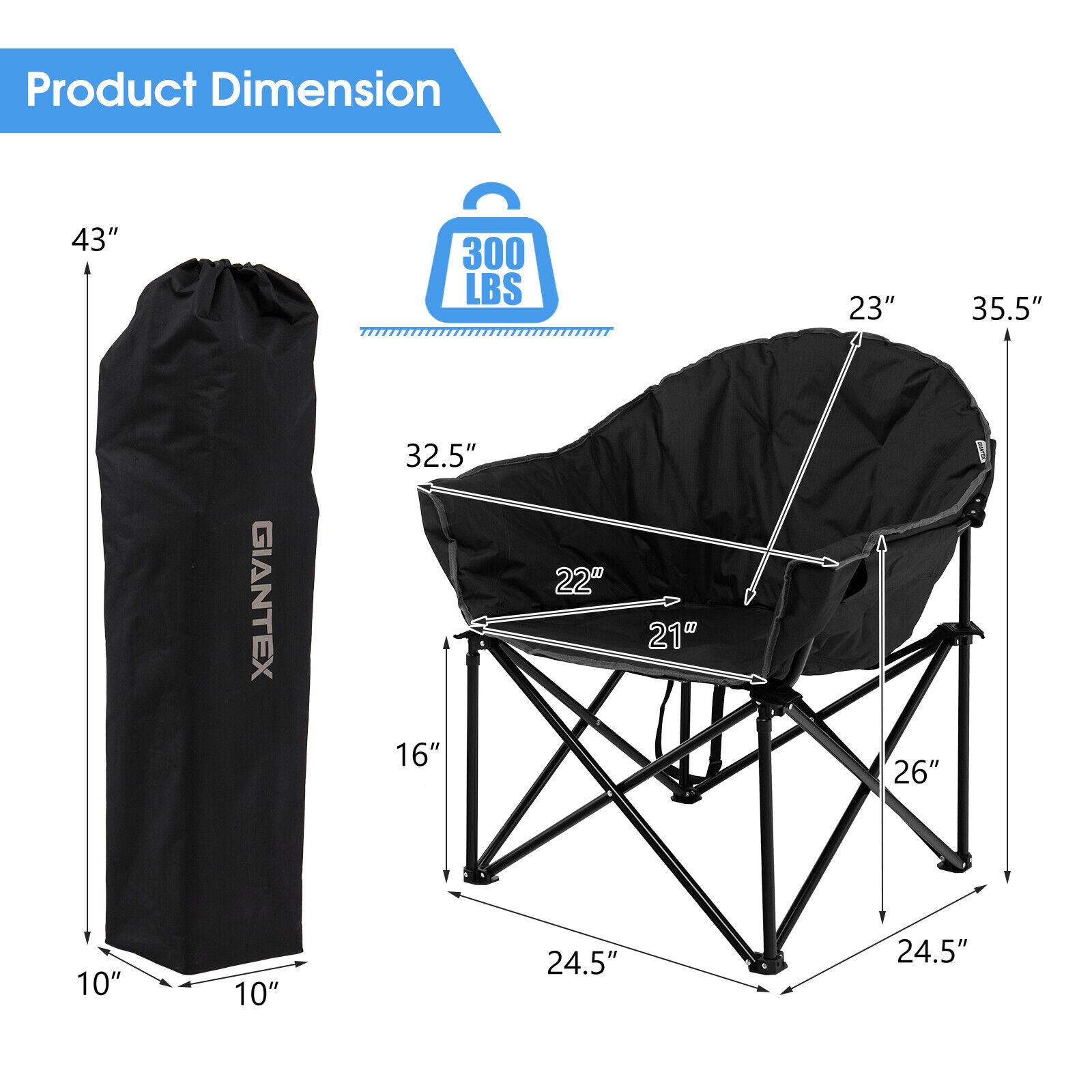 Black Folding Camping Moon Chair with Carrying Bag