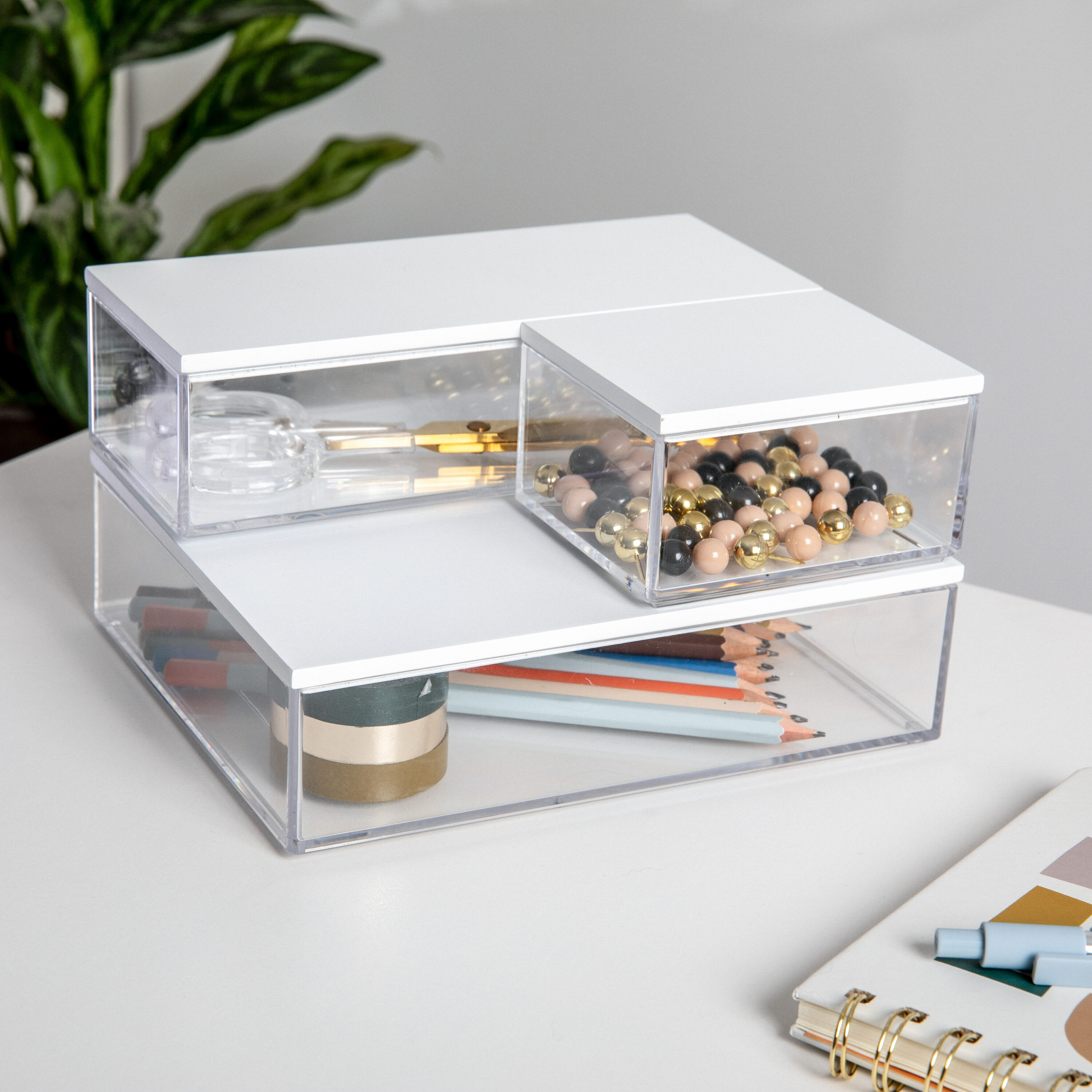 Martha Stewart Brody Clear Plastic Storage Organizer Bins with White  Engineered Wood Lids for Home Office, Kitchen, or Bathroom, 3 Pack  Small/Medium/Large in the Desktop Organizers department at