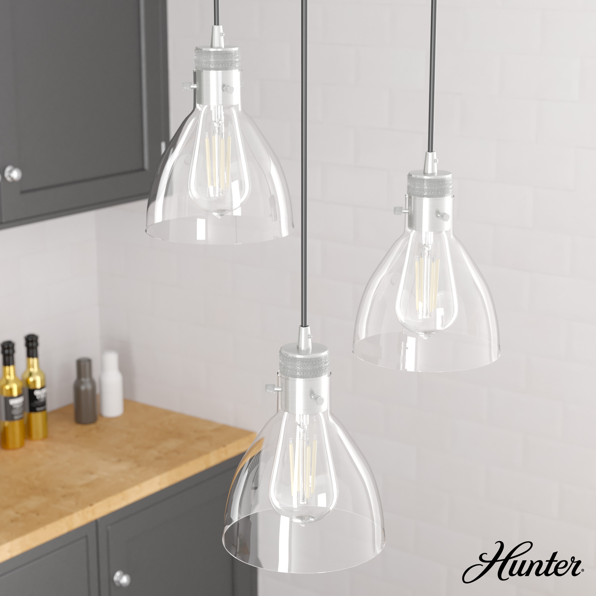 Hunter Van Nuys 3-Light Brushed Nickel Transitional Clear Glass Tiered LED Mini Hanging
