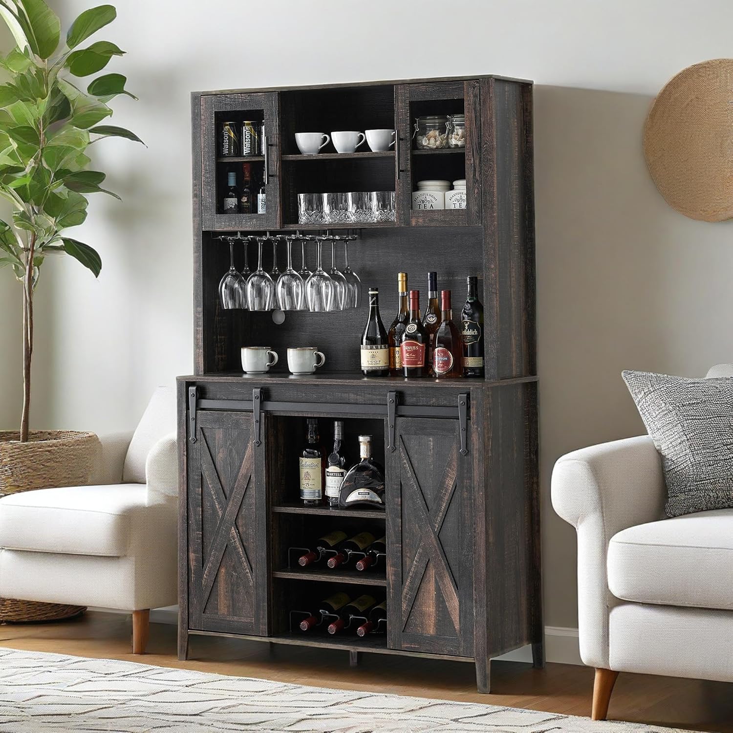 Qeetex WWJ-PHO-0ZCL2KCA Cabinet Sliding Barn Doors Wine Bar with Storage Shelves