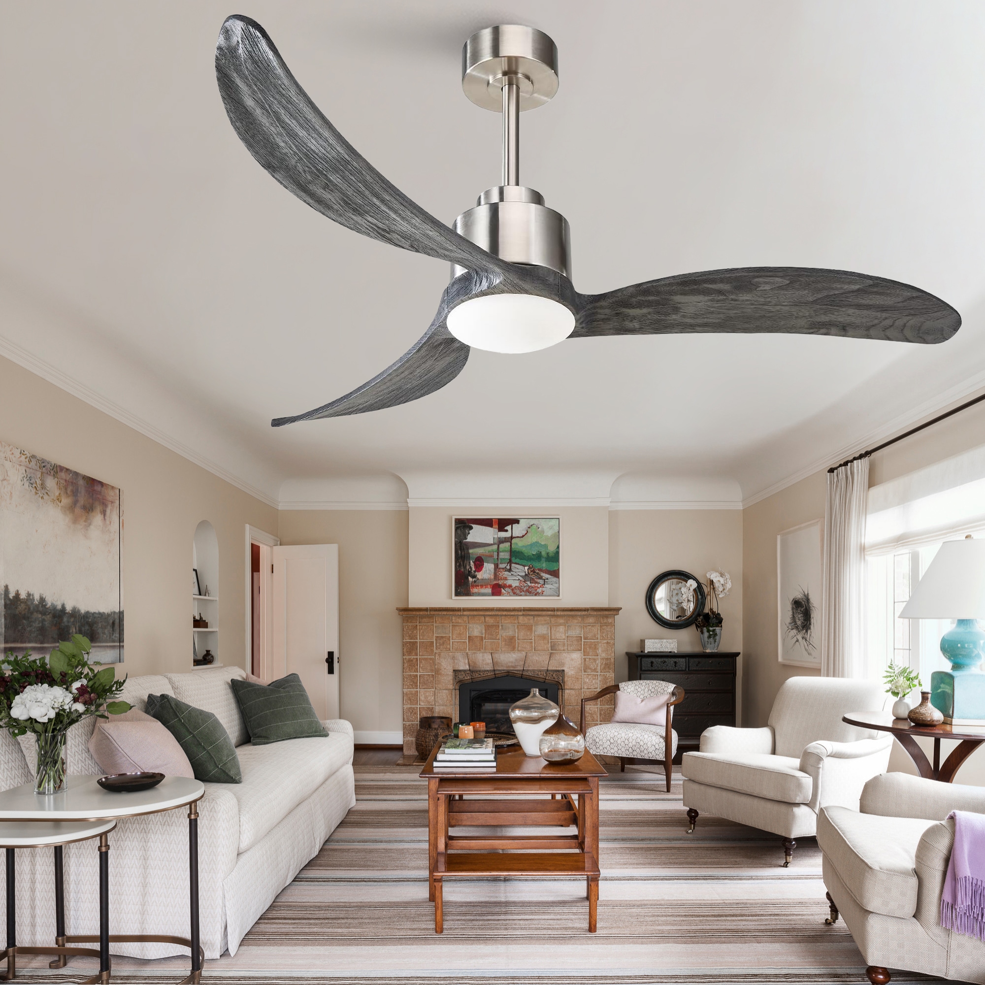 YOTOO 52 Inch 3 Blades Grey Wash Solid Wood Ceiling Fan with Light 3 CCT LED DC Reversible Quiet Motor 6 Speed Remote Control with 5.91in 9.45in Downrod for Bedroom Living Room