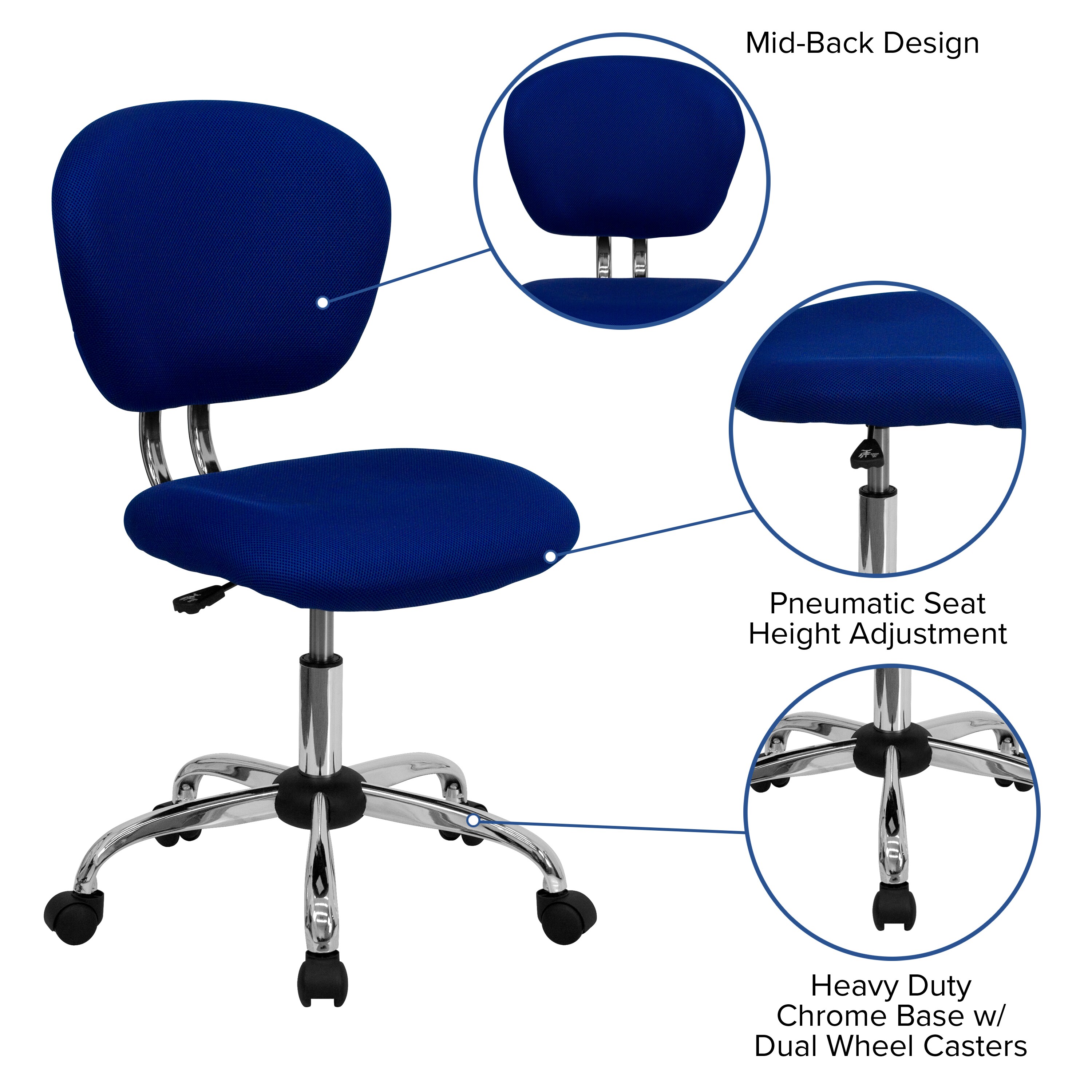 Blue Mesh Mid-Back Swivel Task Chair with Chrome Base