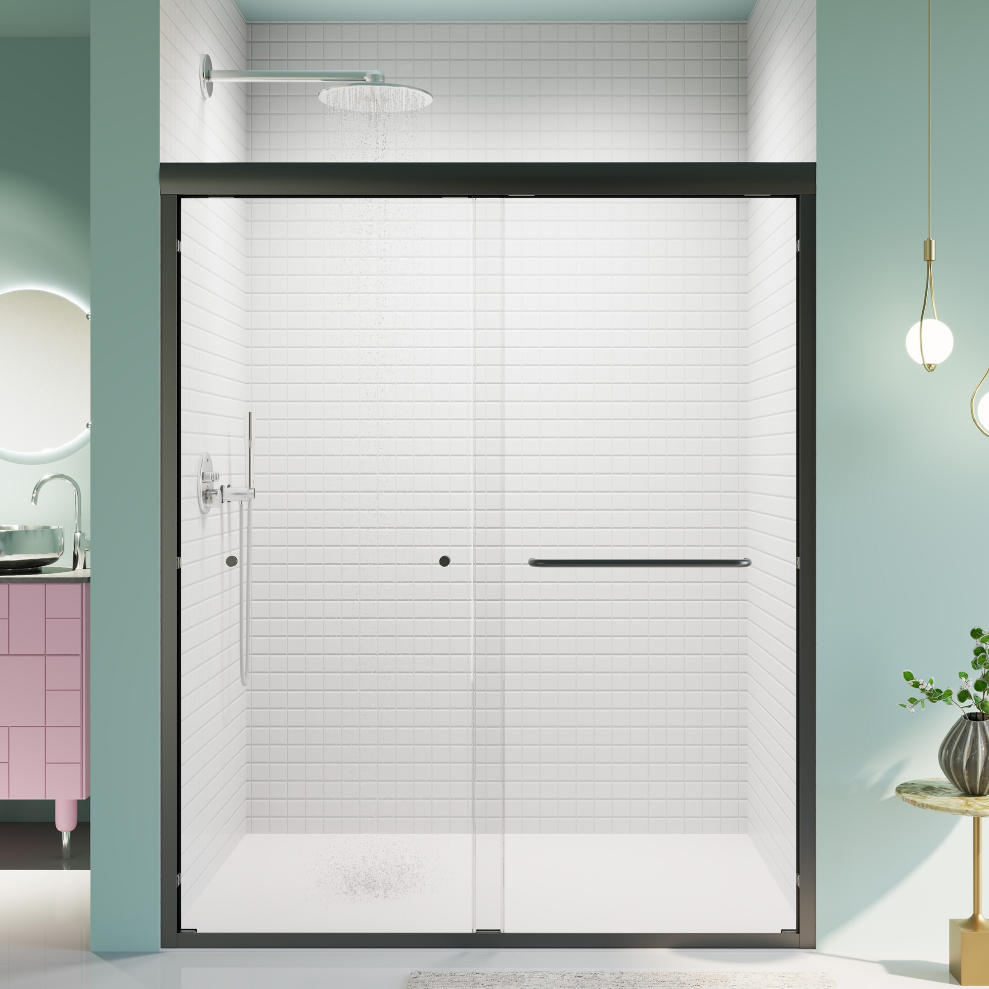 Forclover Shower Door Matte Black 56-in to 60-in W x 72-in H Semi-frameless Clear Glass Bypass Sliding Soft Close Shower door