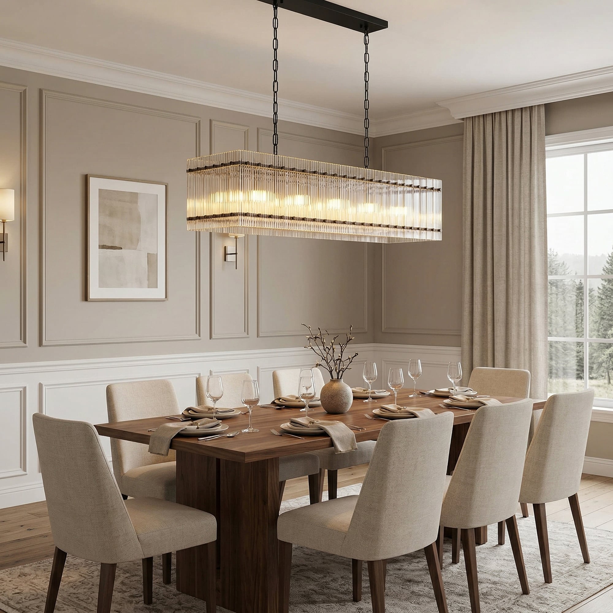 RCCFBHM 54-in Grand Rectangular Chandelier Modern Wave Luxury 10 Light Matte Black Water Ripple Glass Statement Pendant Fixture