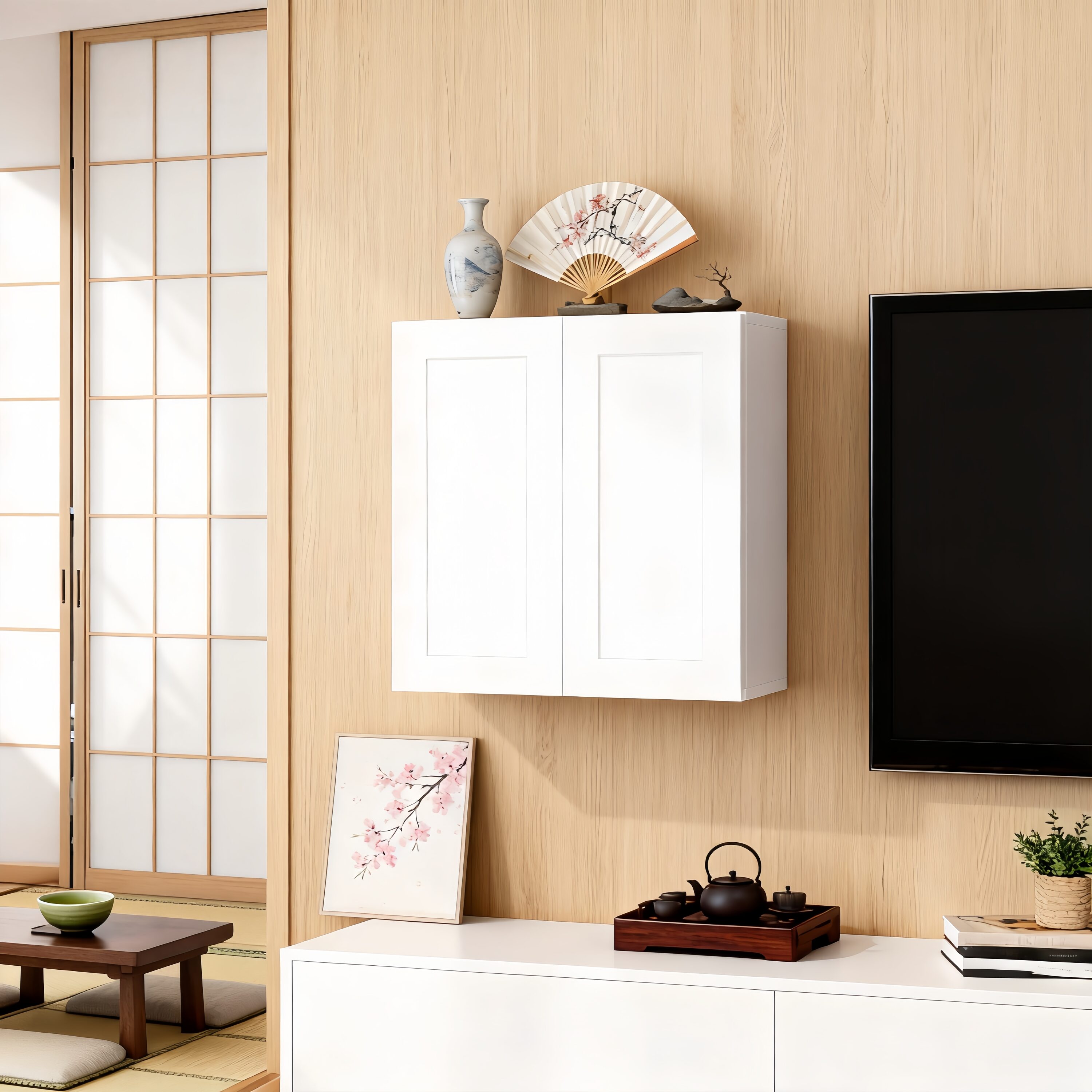 JUSHUA 30 W x 12 D x 30 H White Shaker Double Door Wall Cabinet with Soft Close Hinges Adjustable Shelves and Solid Wood Construction