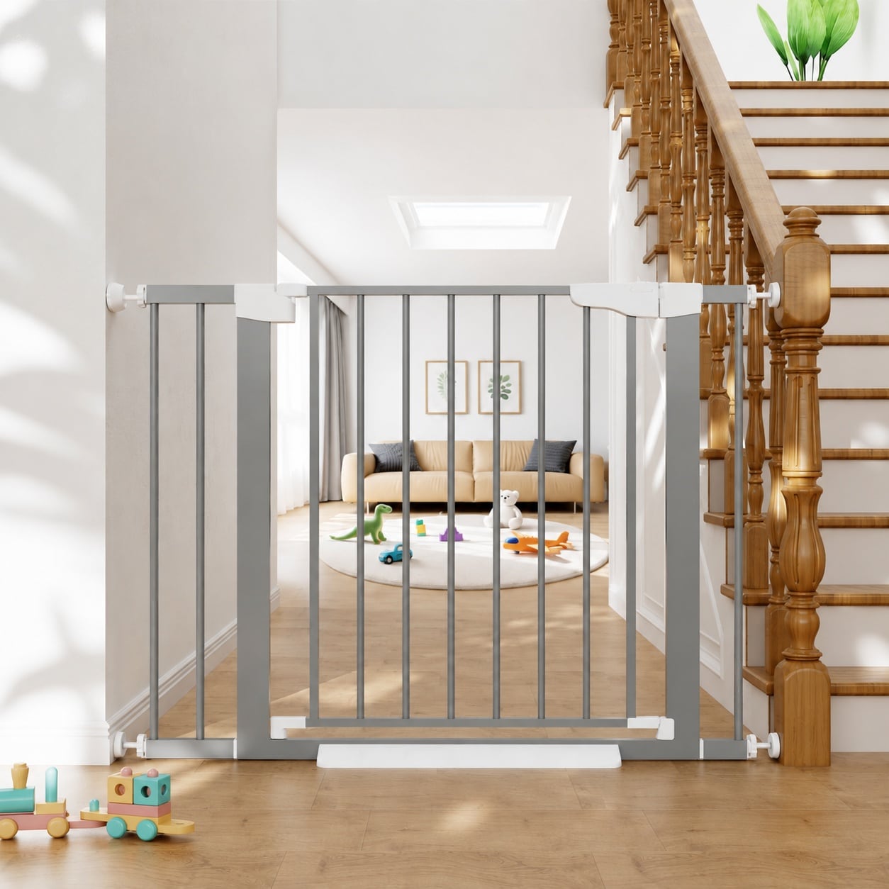 Misopily  Adjustable Baby Gate for Stairs and Doorways Fits Openings from 29.7 in to 40.6 in with Auto Close and Walk Through Door Gray