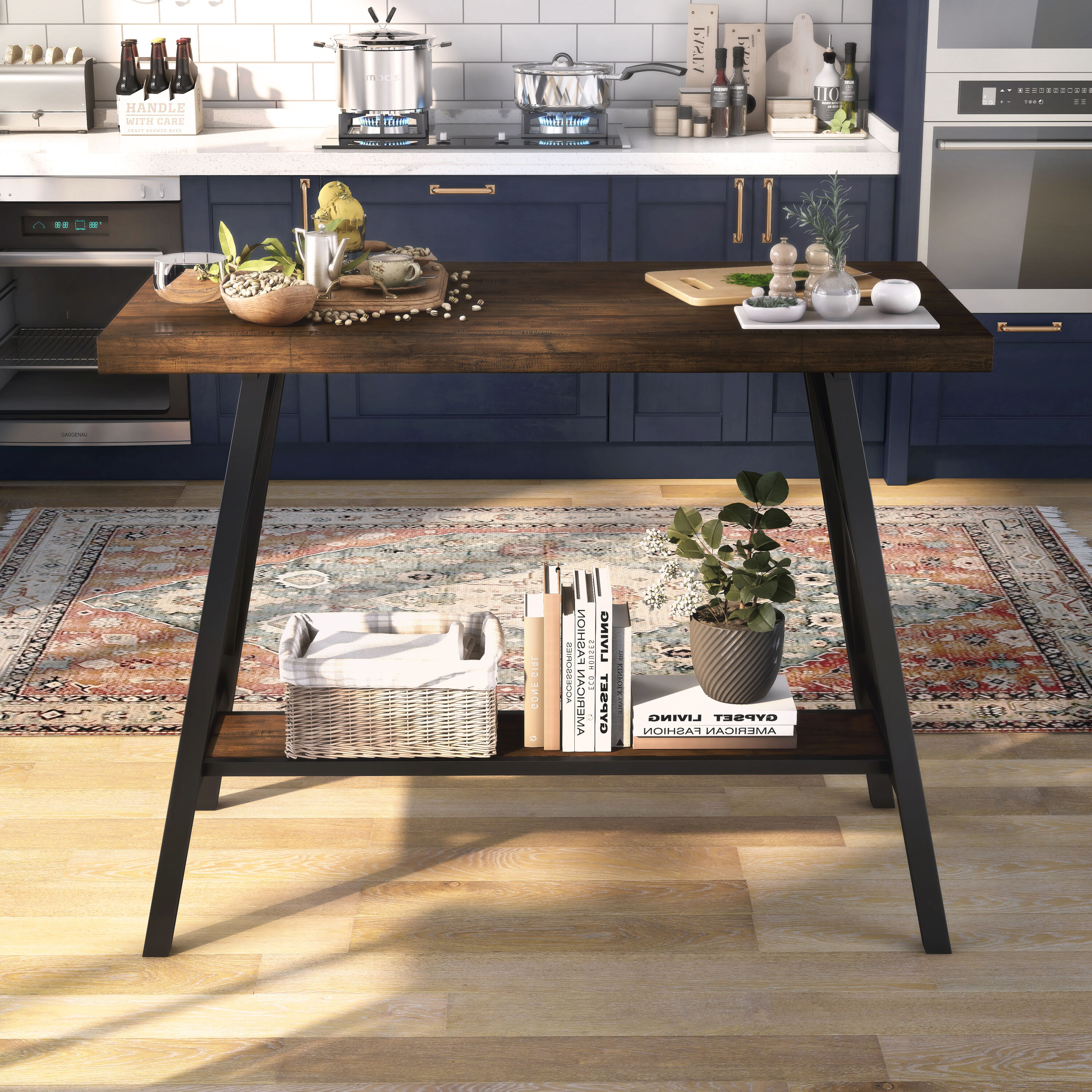 Furniture of America IDF-3415PT Fayetteville Weathered oak Transitional Counter Table, Wood with Black Metal Trestle Base 47.25-in L x 36-in H