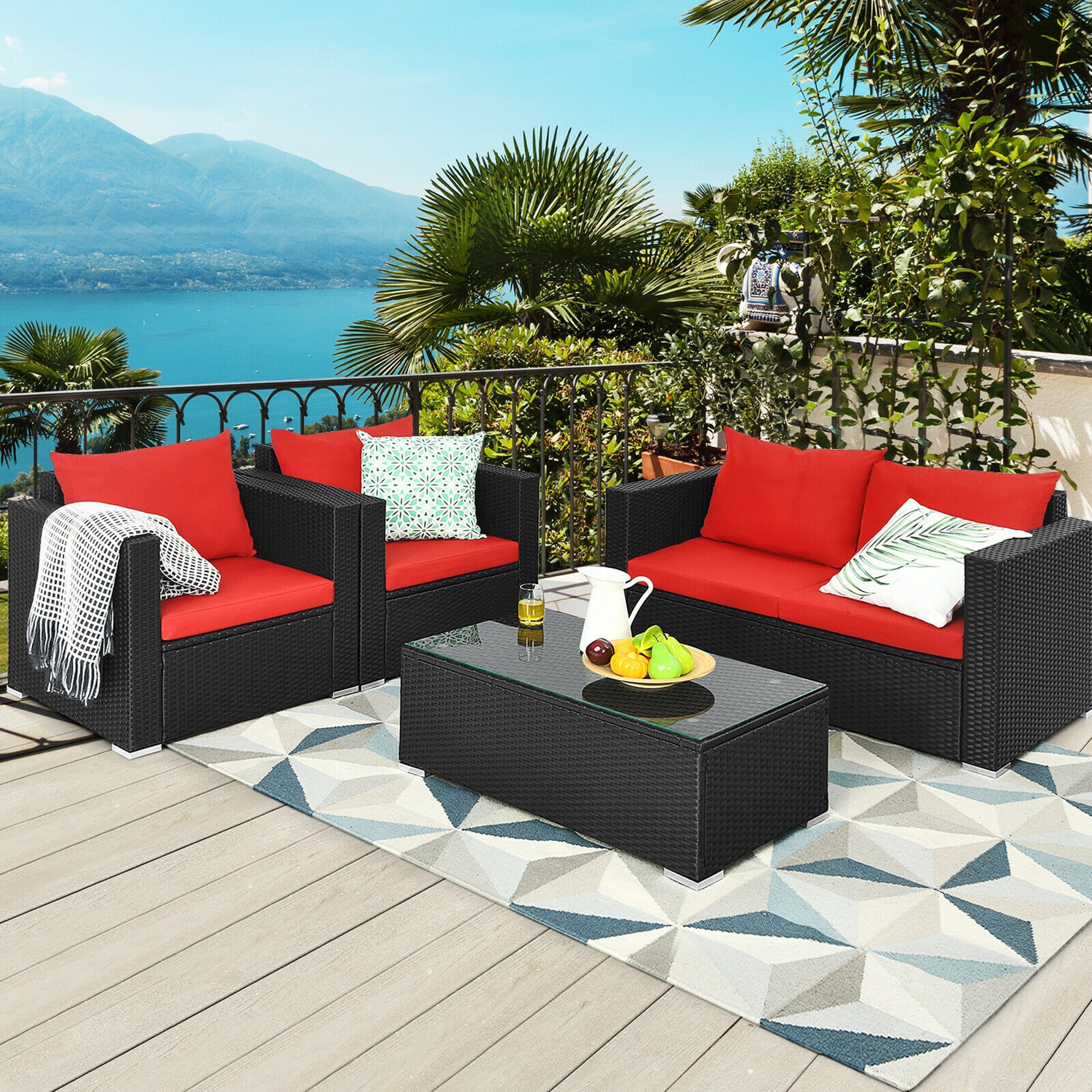Mondawe MD011BK 4 -Piece Rattan Patio Conversation Set with Red Red Cushions