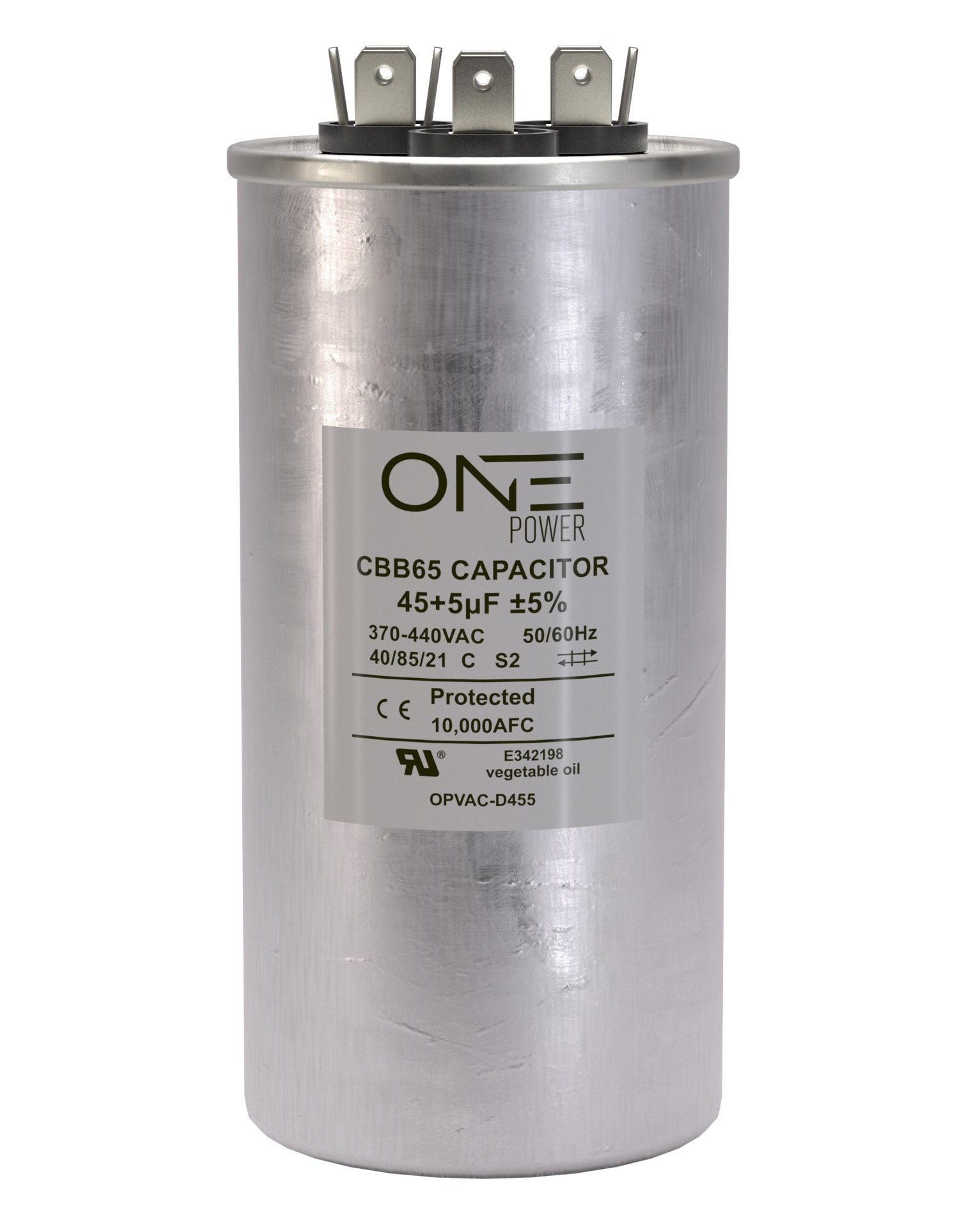 One Power OPCDR455 45+5 MFD 370 370 - 440 V DR 1.97-in W x 4.72-in H Central Round run capacitor
