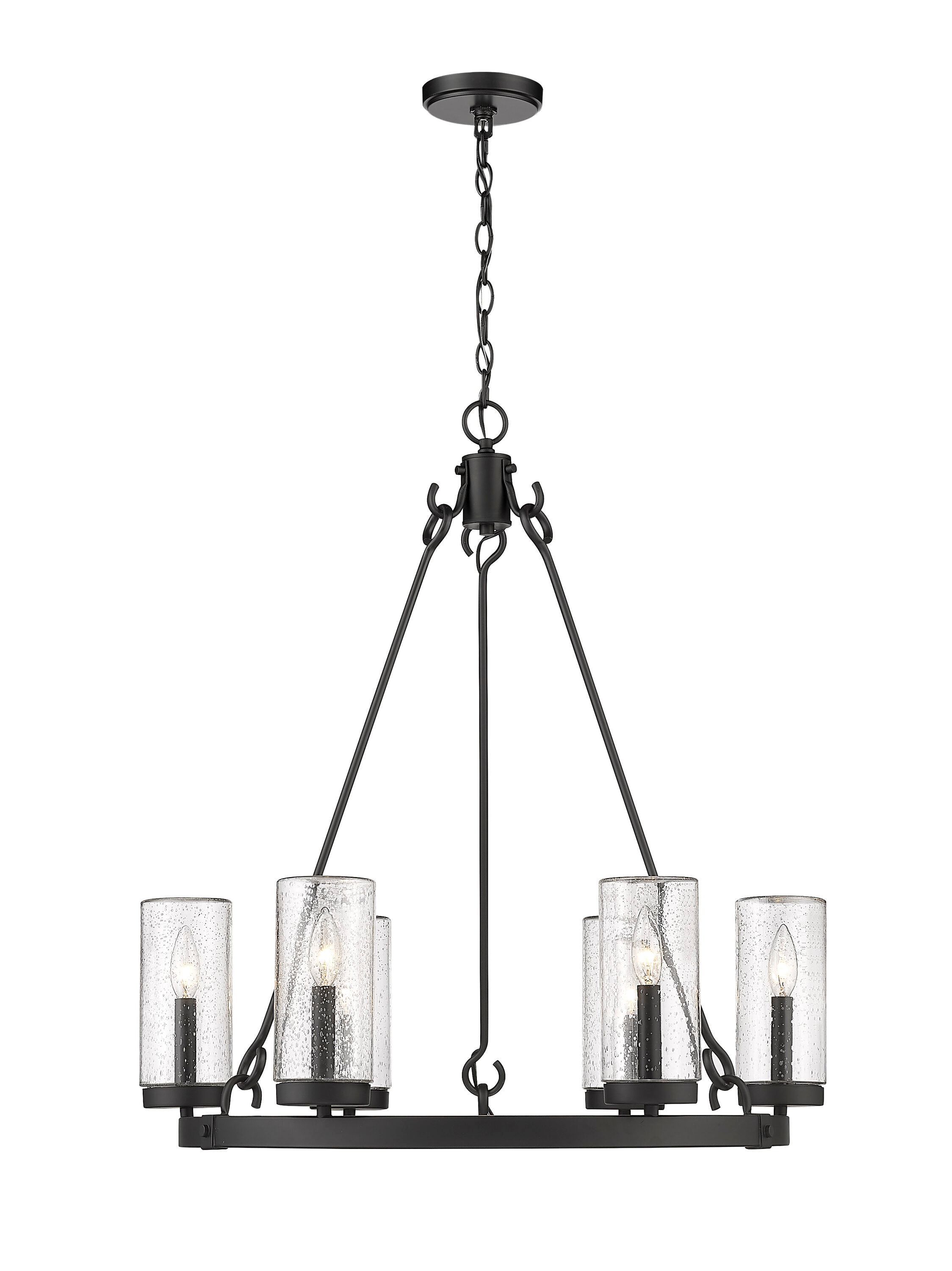 Marlow Matte Black Steel 6-Light Outdoor Pendant with Clear Seedy Glass
