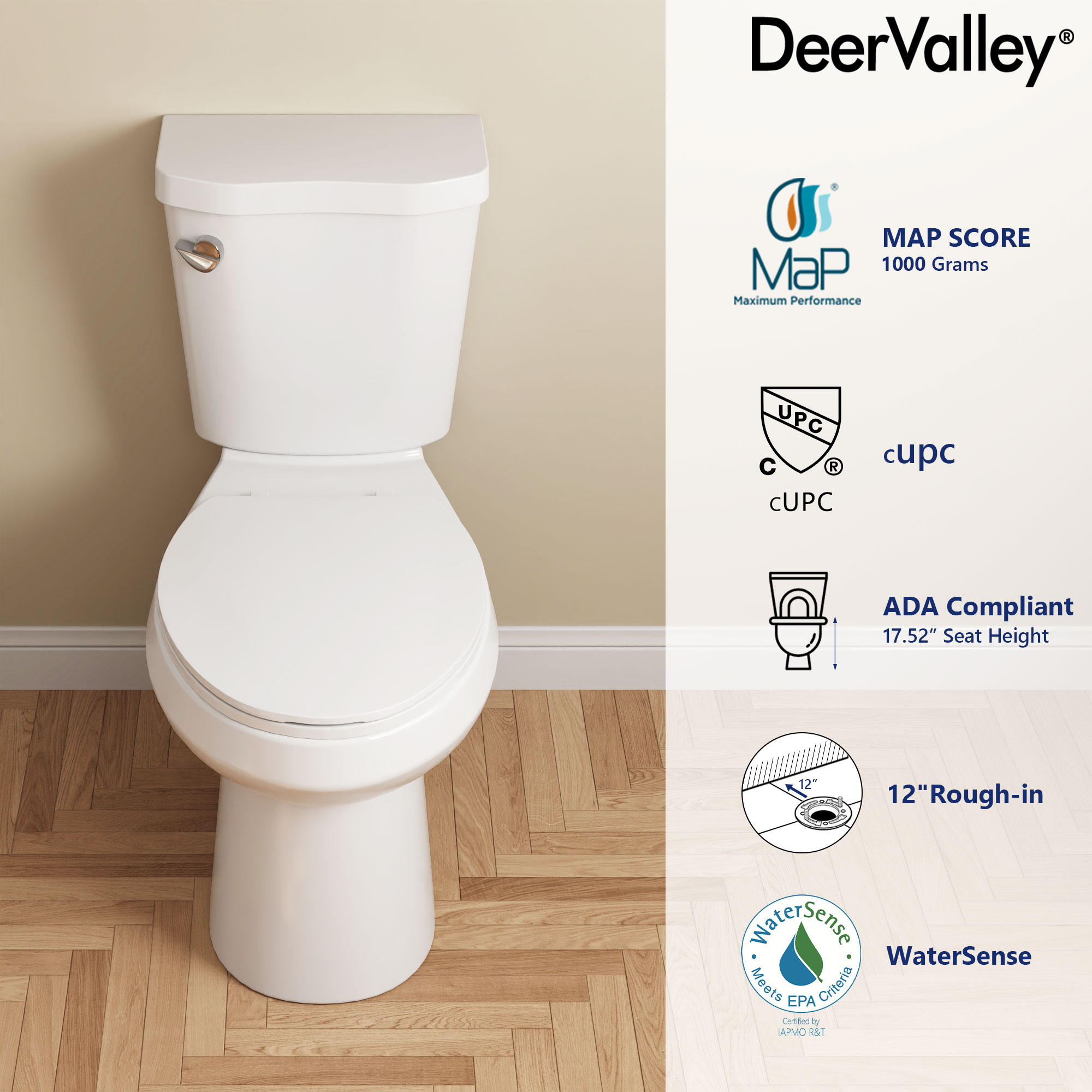 DeerValley White Elongated Chair Height Soft Close 2-piece