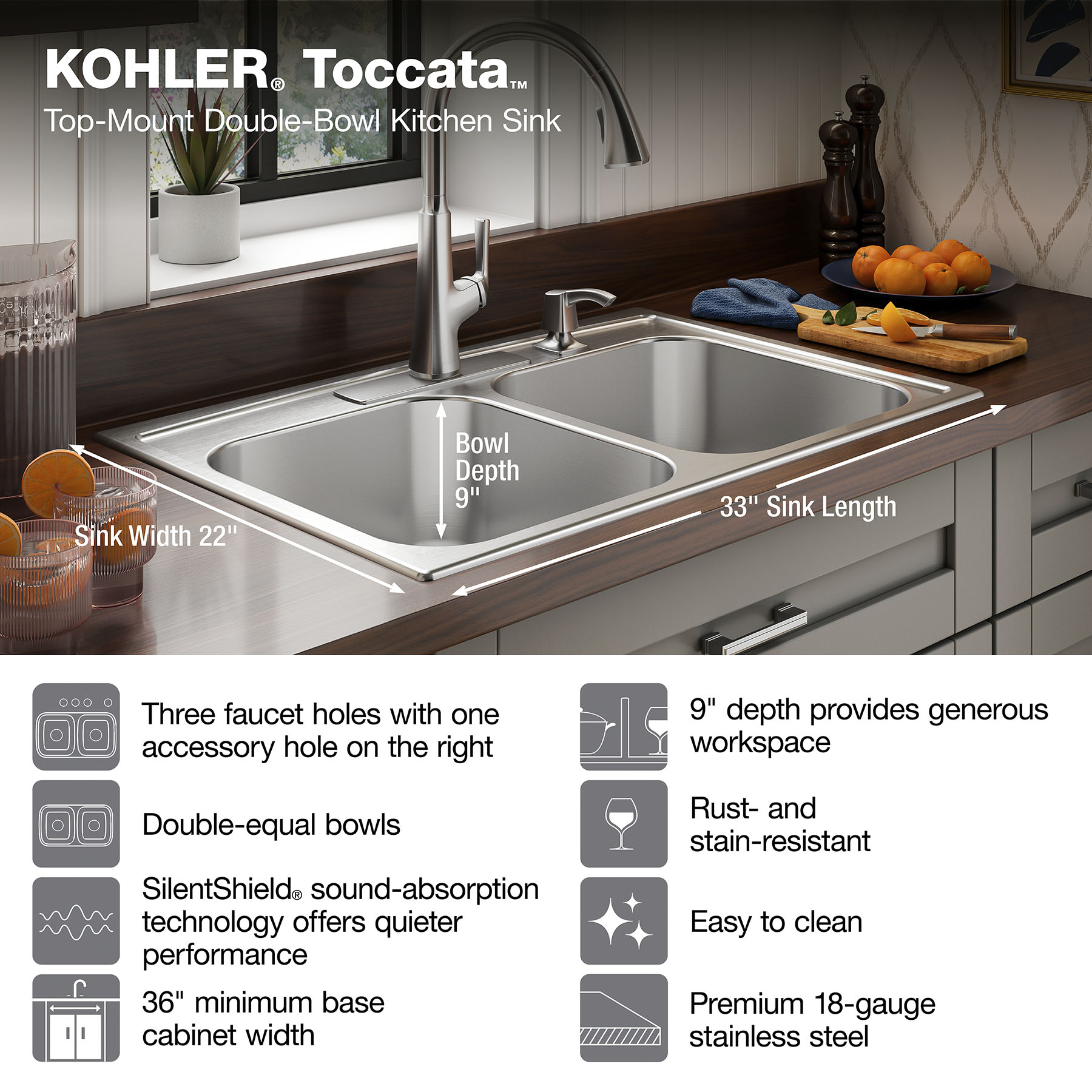 KOHLER K-3839-1-NA Vault 33 X 22 X 9-5/16 Smart Divide Top-/Under-Mount Large/Medium Double-Bowl Kitchen Sink with Single Faucet Hole