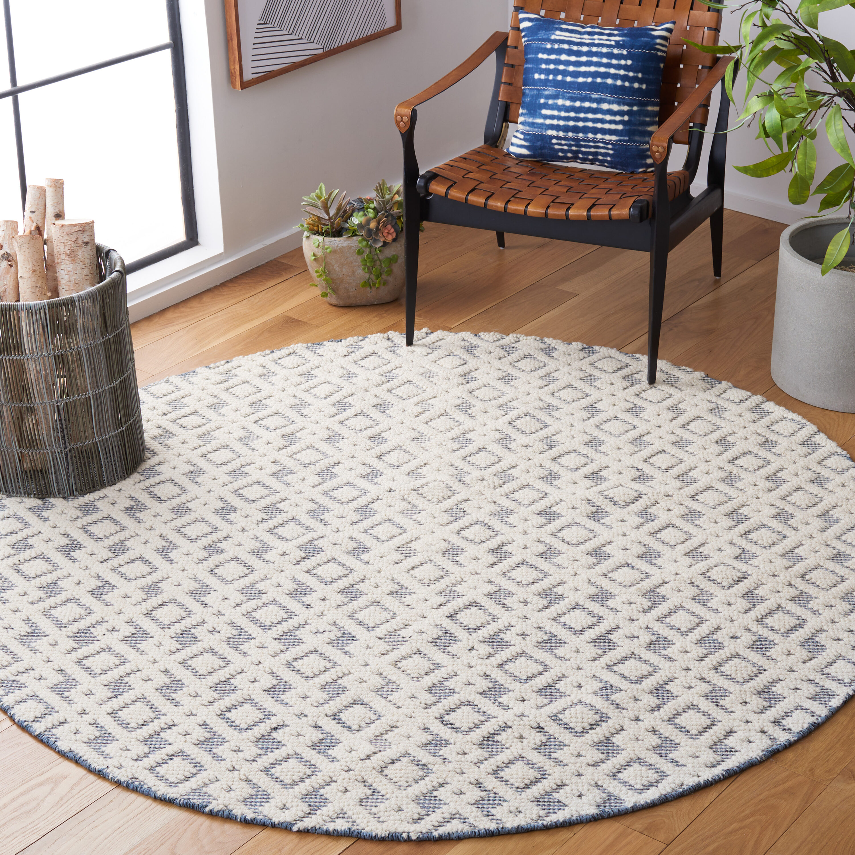  Vermont 102 Ivory/Blue Contemporary 6ft x 6ft Round Rug