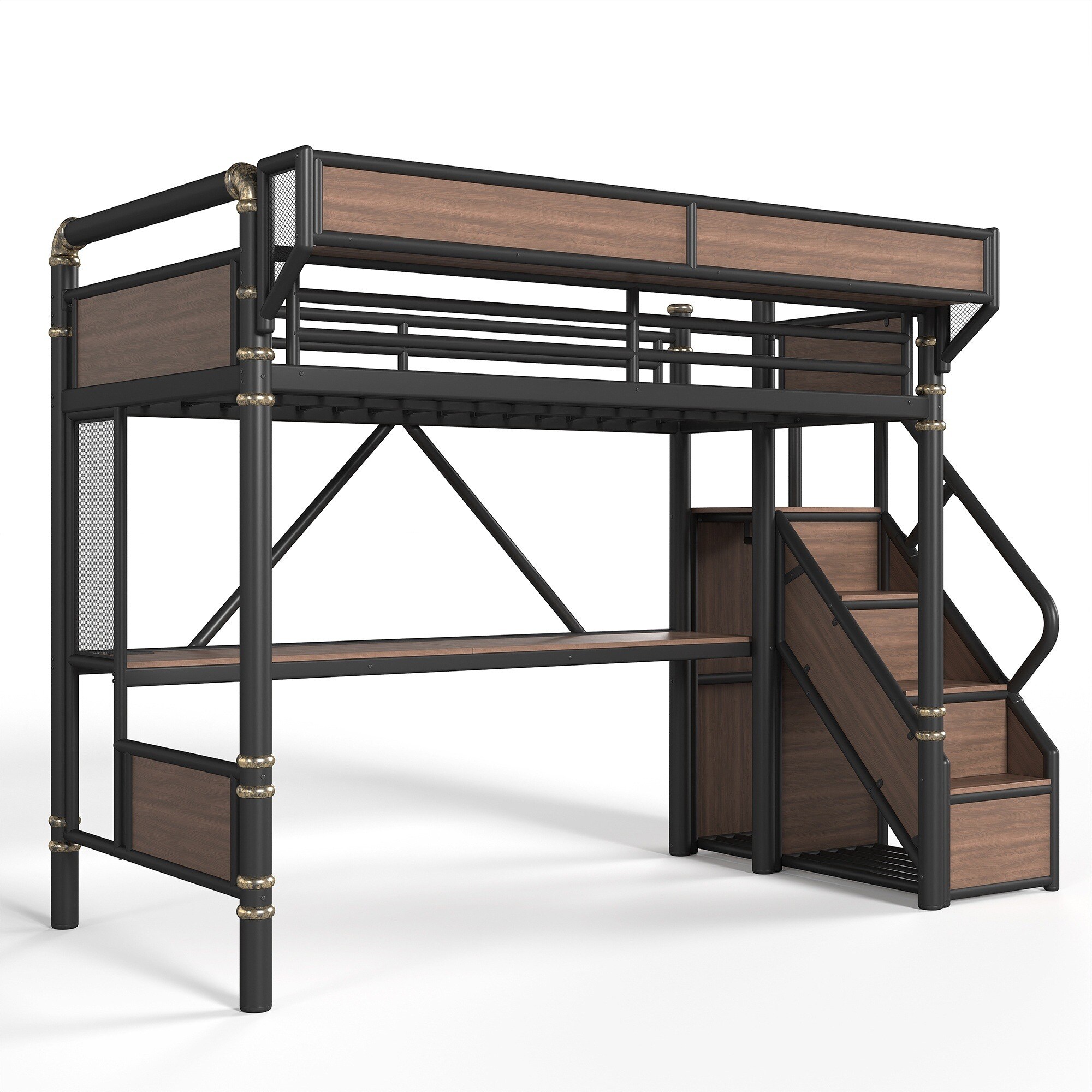 UOI Twin Size Black Metal Loft Bed with Built-in Desk and Power Outlet for Bedroom