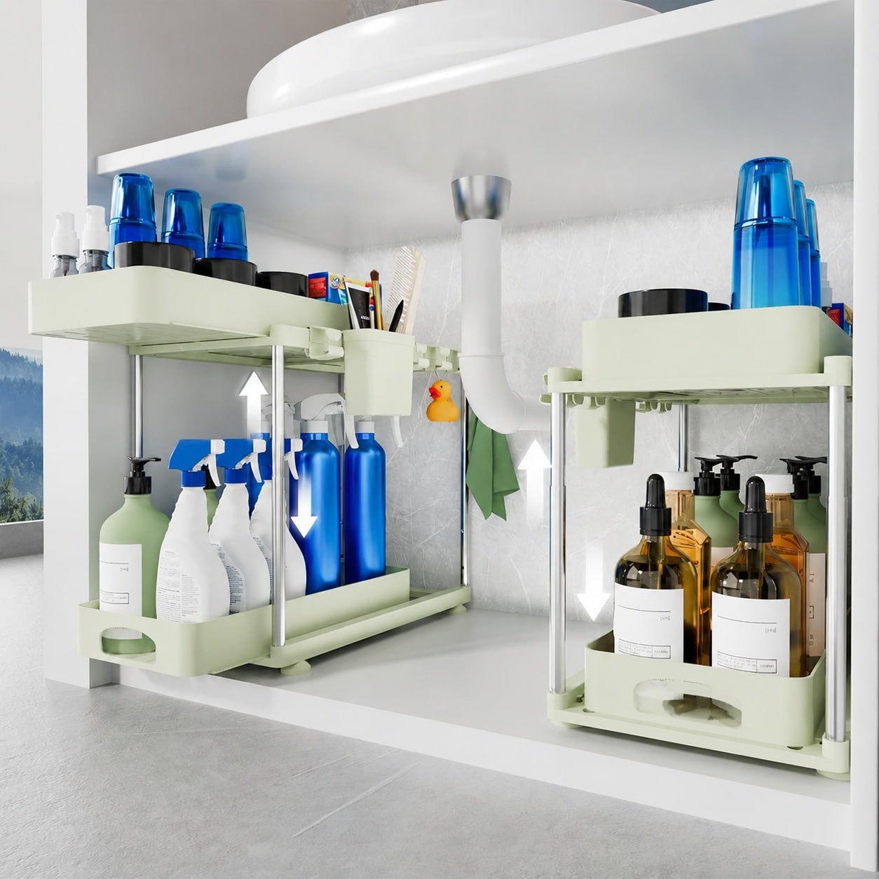 Phewnyzo  2 pack under sink organizer 2 tier adjustable cabinet storage with slide out drawers for kitchen bathroom black ABS material