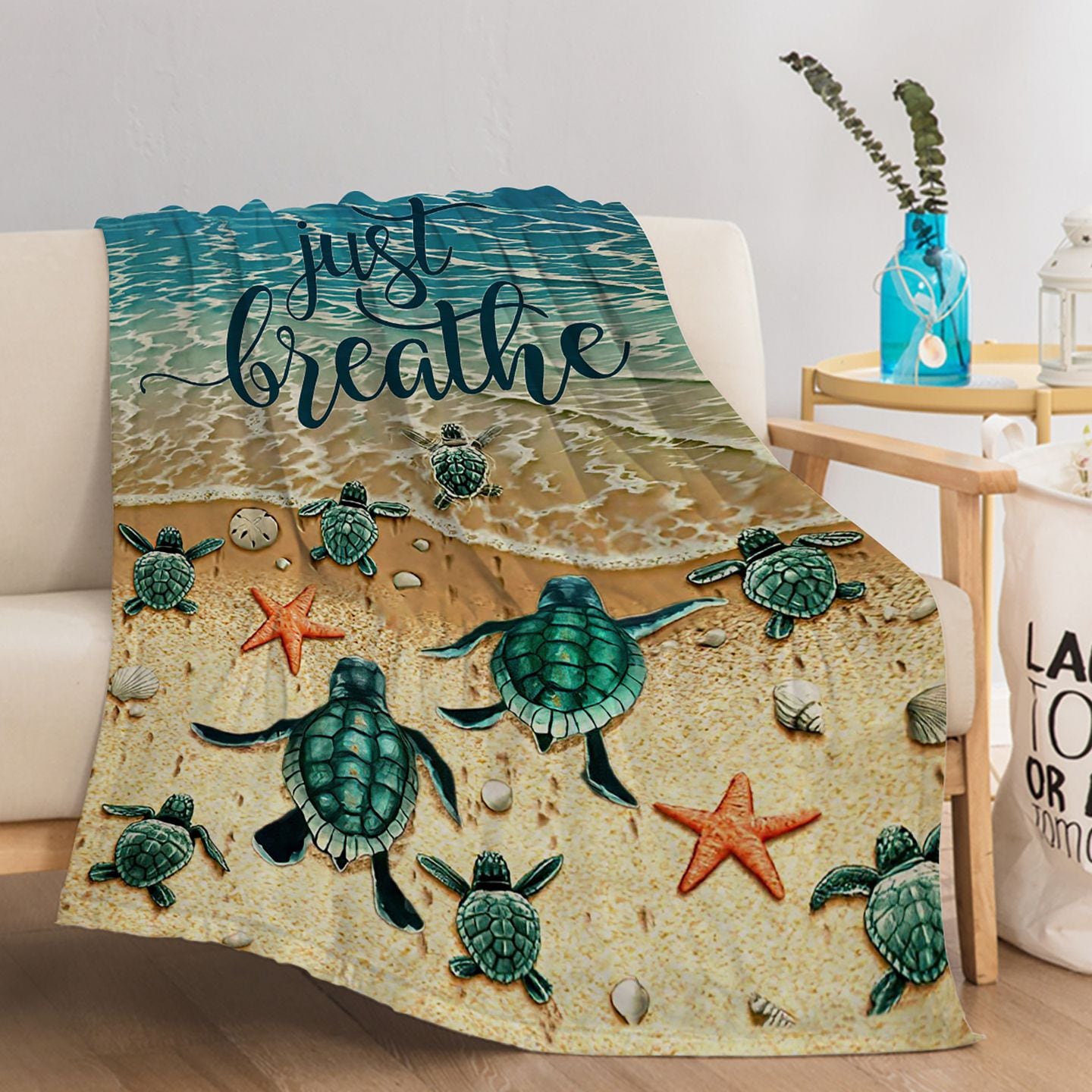 JUSHUA Tropical Baby Sea Turtle Flannel Fleece Blanket has 3D Ocean Waves Flannel Soft Plush Throw Blanket Cozy Blankets for Bed Chair Car Sofa Couch Bedroom and it is 150 by 200cm and Temu can only be self picked up