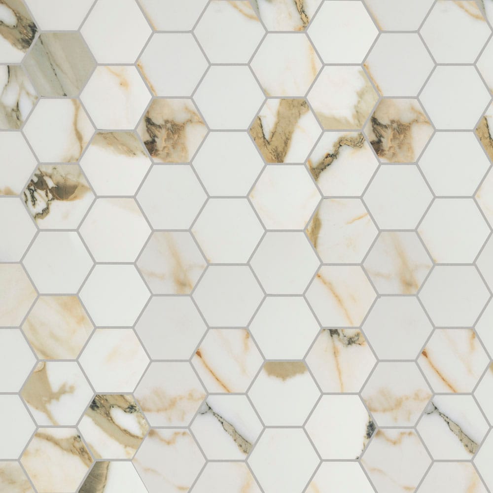 Origin 21 LW2306203 Calacatta Aurous 10-in x 12-in Polished Porcelain Marble Look Hexagon Mosaic Floor and Wall Tile (0.839-sq. ft/ Piece)