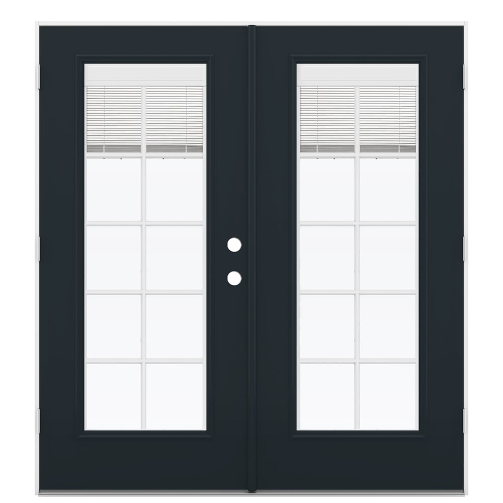 JELD-WEN LOWOLJW235000128 F-3500 72-in x 80-in x 4-9/16-in Jamb Low-E Blinds and grilles between the glass , Black Fiberglass Right-hand outswing French Double Patio Door