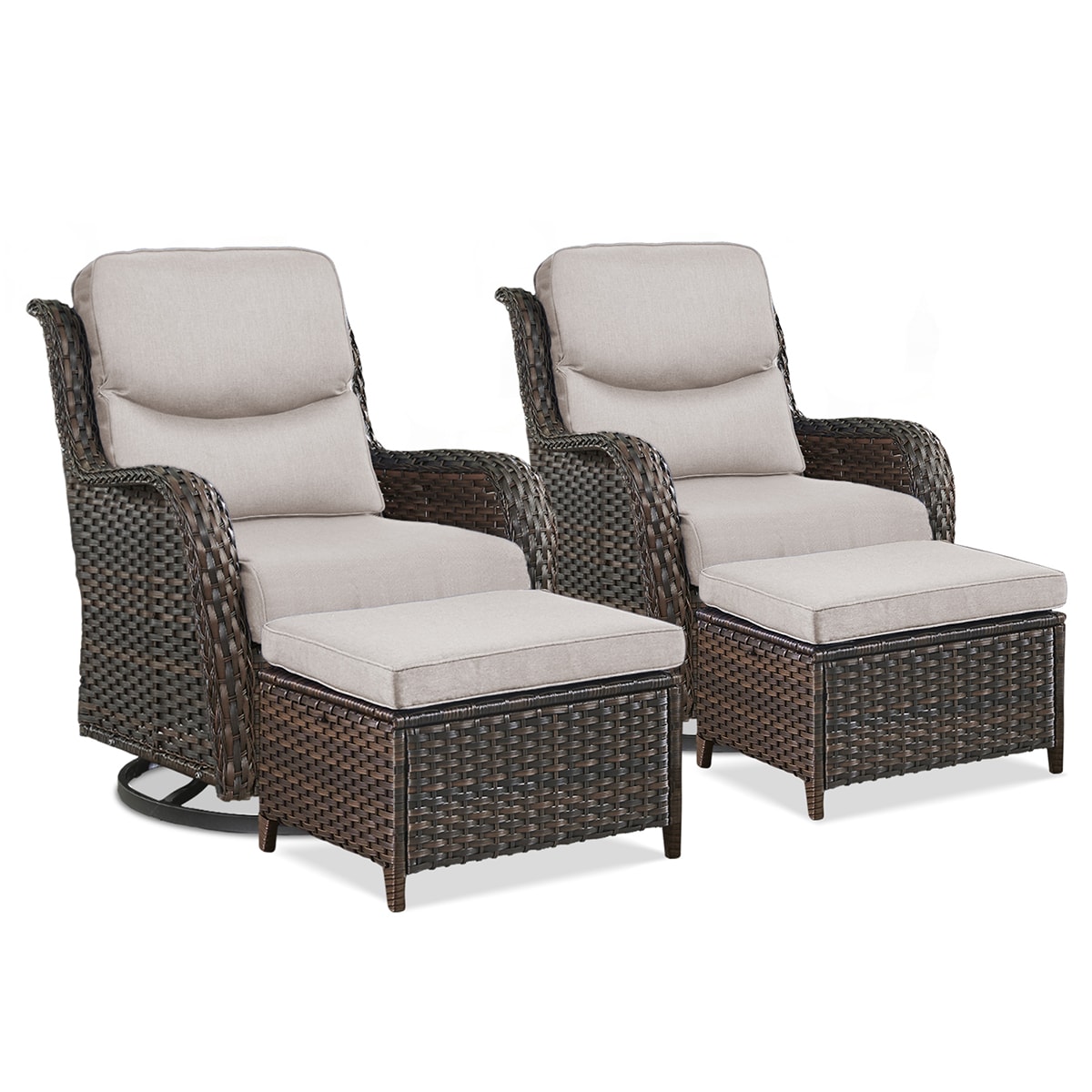 Rilyson FS023XL014-2 Smiley Set of 2 Wicker Brown Wicker Frame Swivel glider Conversation Chair with Brown Beige Cushioned Seat