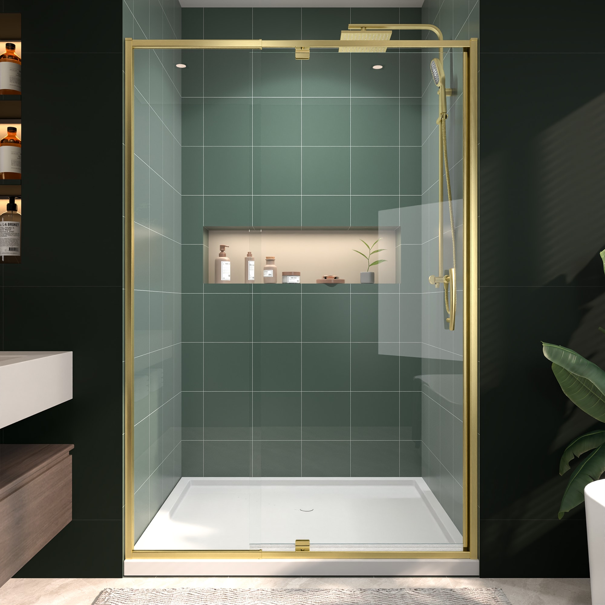 AAZJ BETP176761 Fortin Pivot Shower Door Brushed Gold 44-in to 48-in W x 71-in H Framed Clear Glass Pivot Shower door
