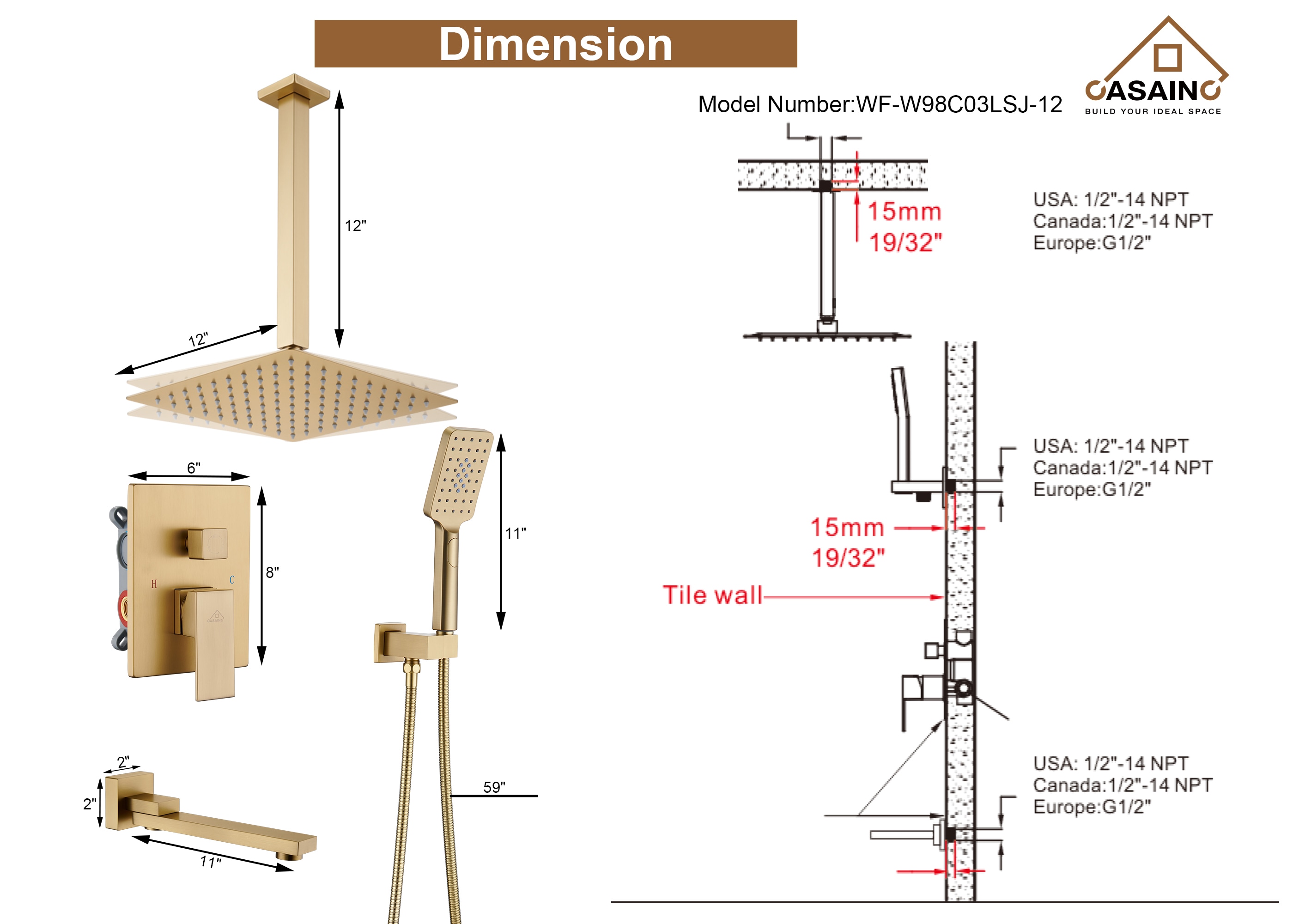 CASAINC WE-SS26MB Showerhead-Bar-Panels - View #6