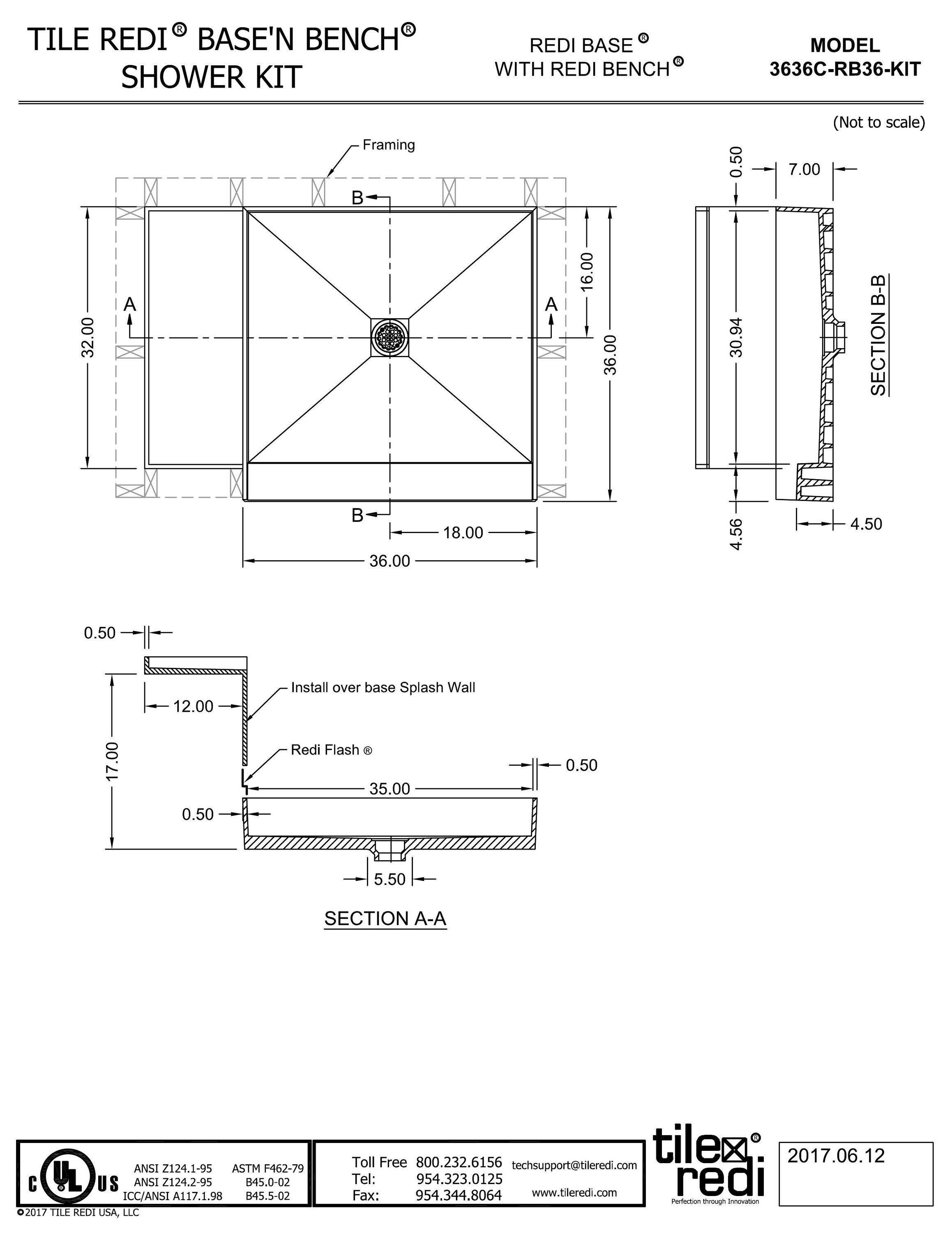 Polished Chrome 36" x 48" Rectangular Shower Base with Integrated Seat